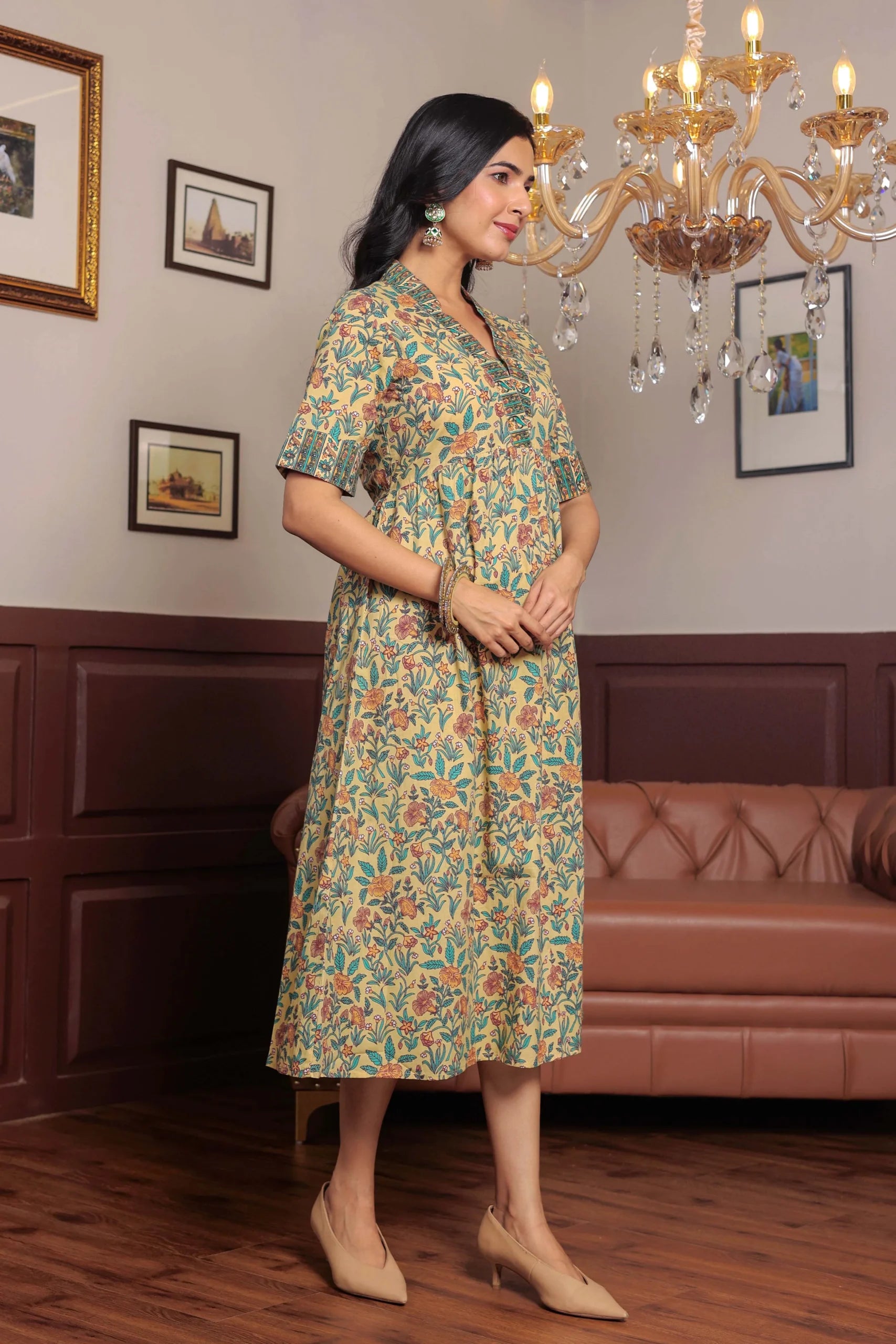 Light Yellow Hand Block Printed A- Line Midi Dress