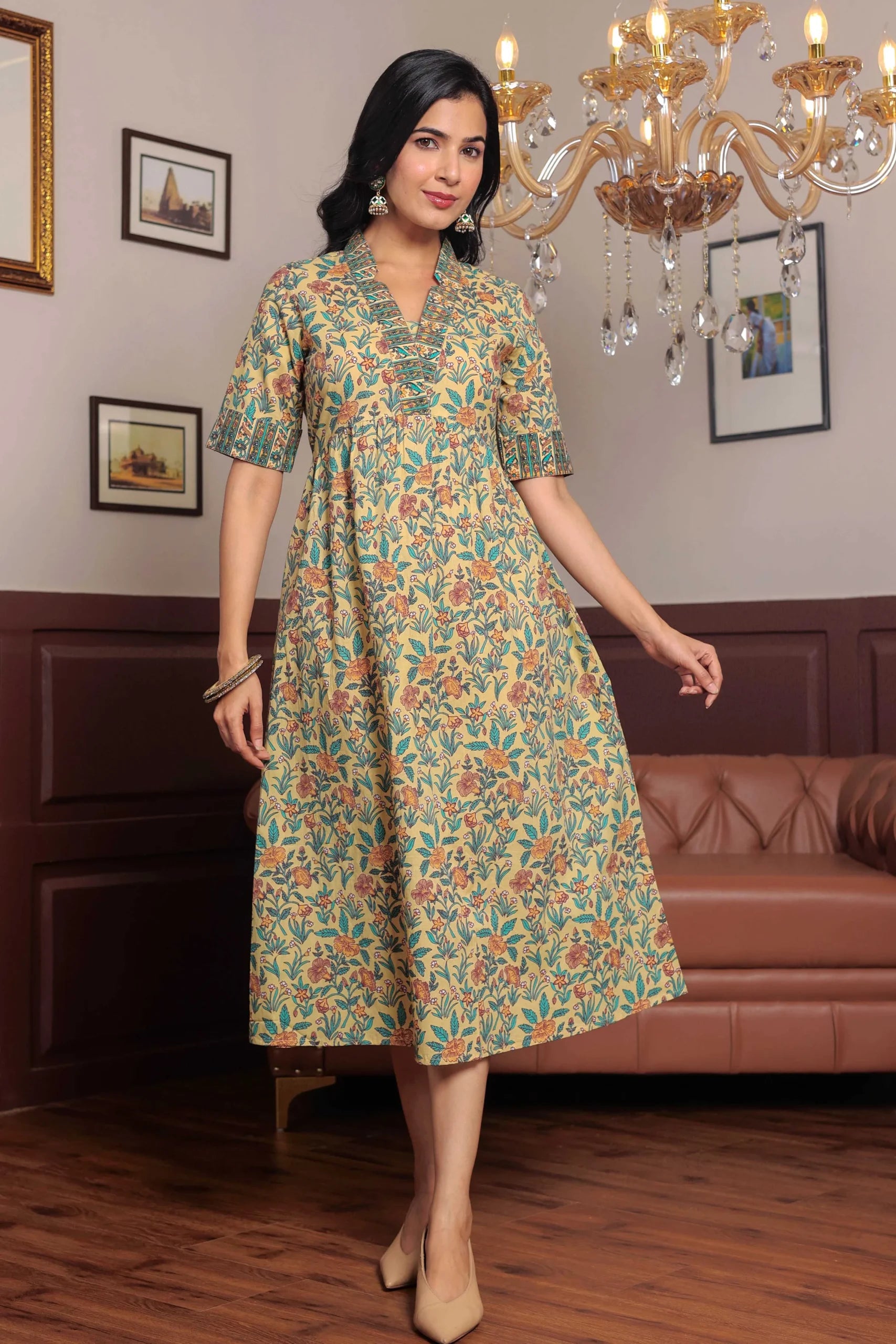 Light Yellow Hand Block Printed A- Line Midi Dress