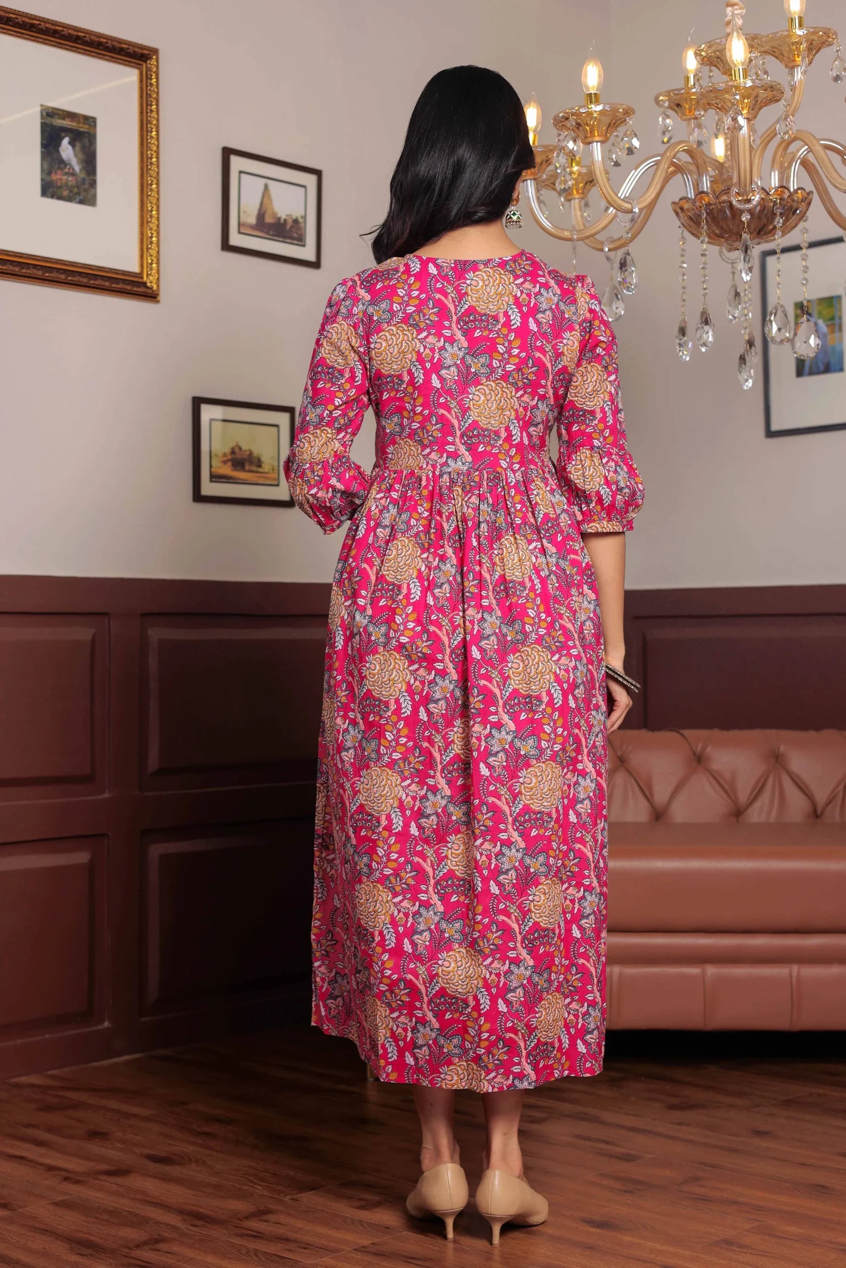 Pink Block Printed V-Neck Dress With Flared Hem & Pleated Sleeves