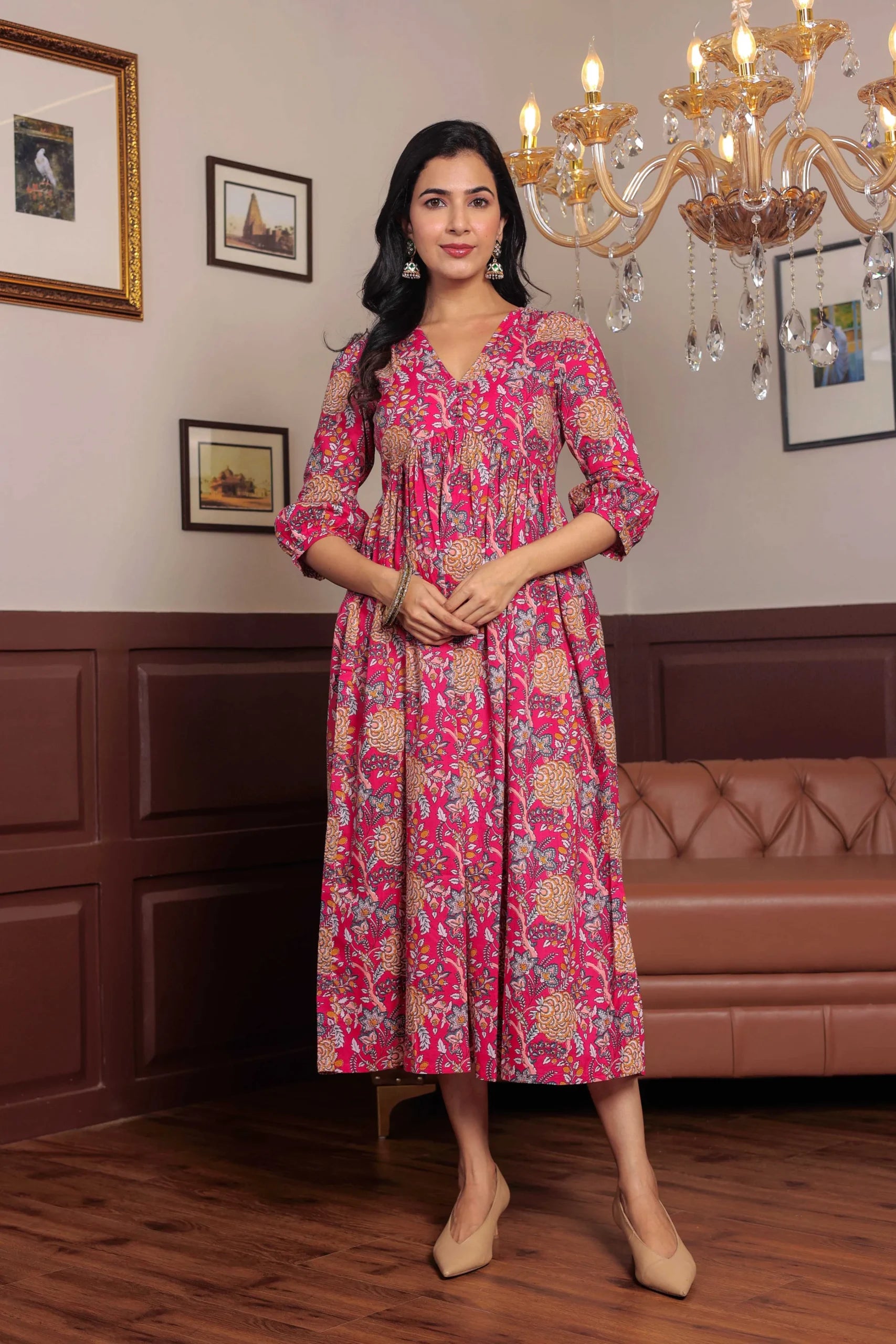 Pink Block Printed V-Neck Dress With Flared Hem & Pleated Sleeves