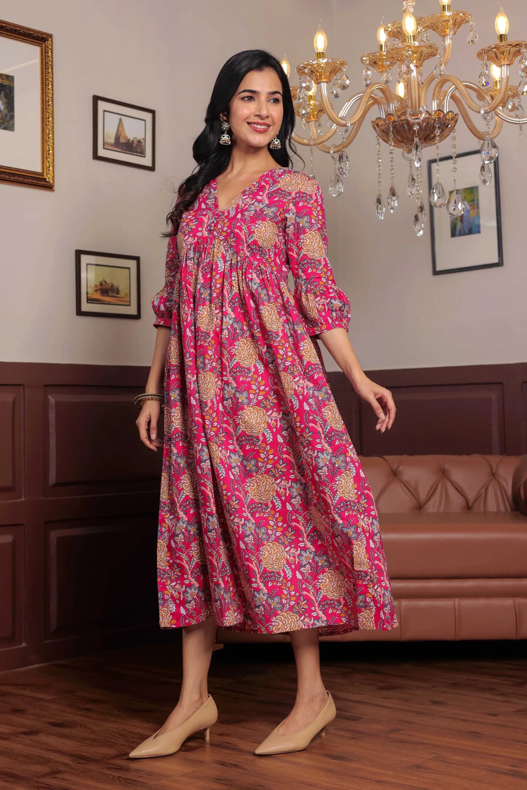 Pink Block Printed V-Neck Dress With Flared Hem & Pleated Sleeves