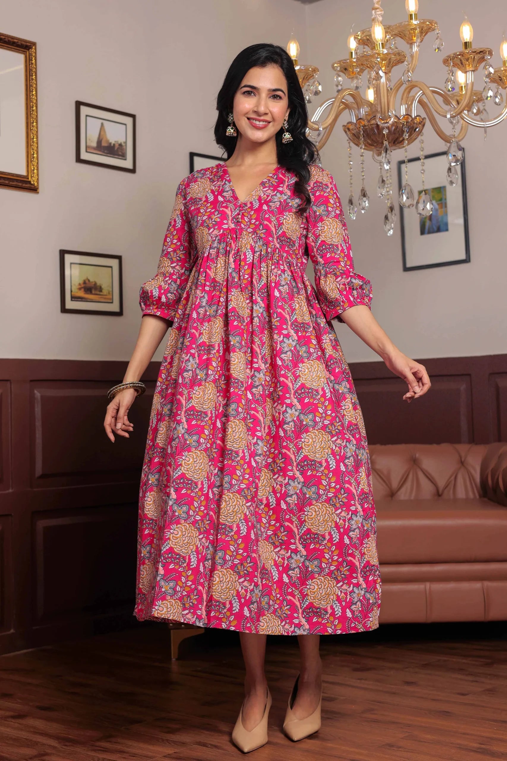 Pink Block Printed V-Neck Dress With Flared Hem & Pleated Sleeves
