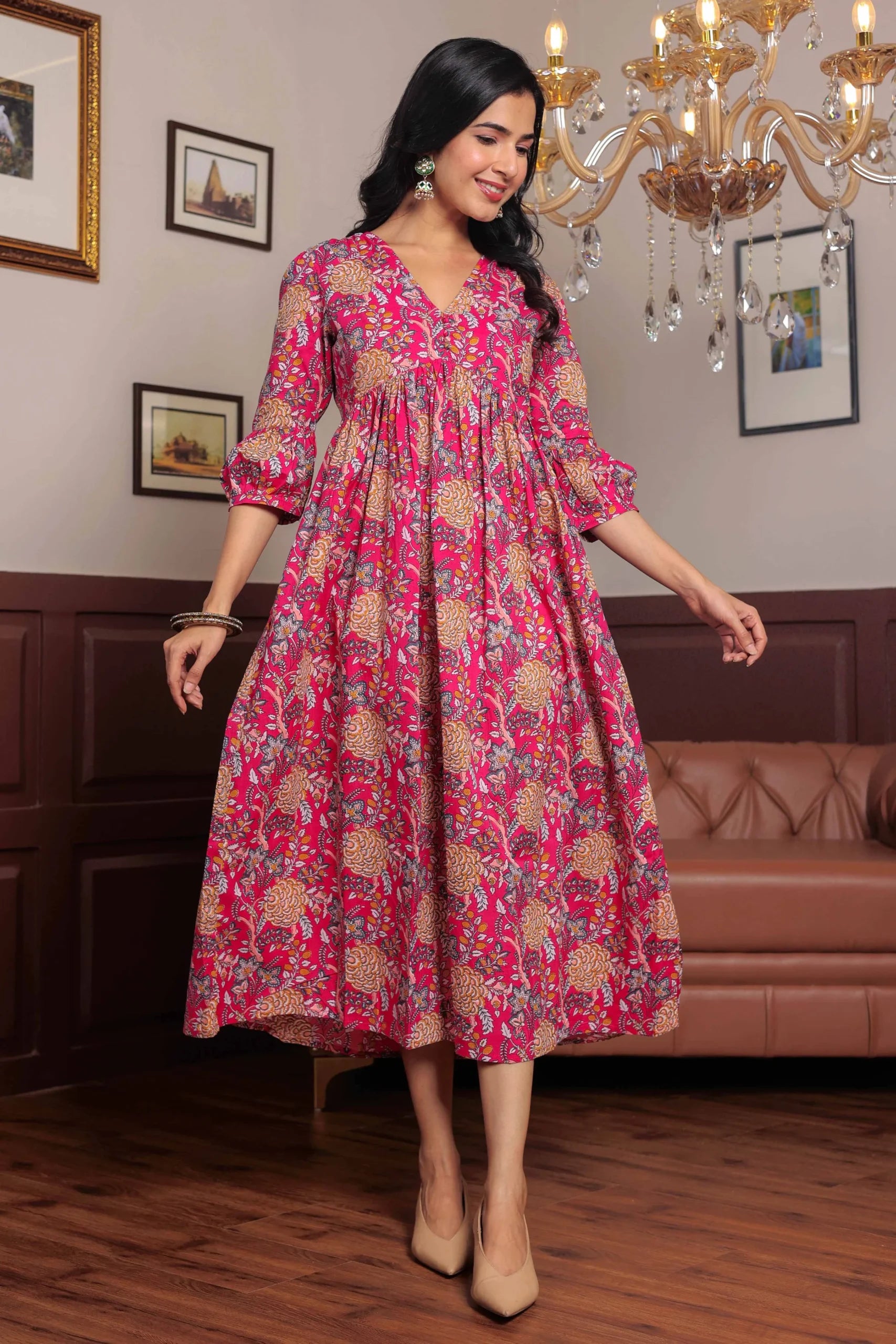 Pink Block Printed V-Neck Dress With Flared Hem & Pleated Sleeves