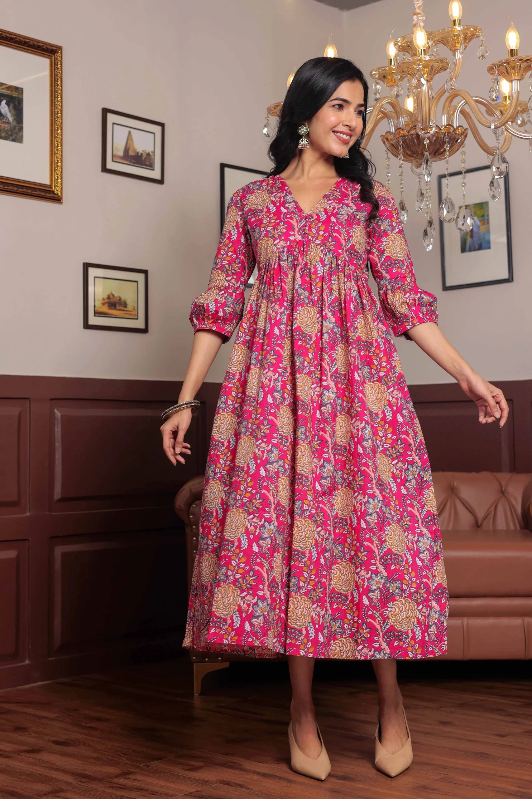 Pink Block Printed V-Neck Dress With Flared Hem & Pleated Sleeves