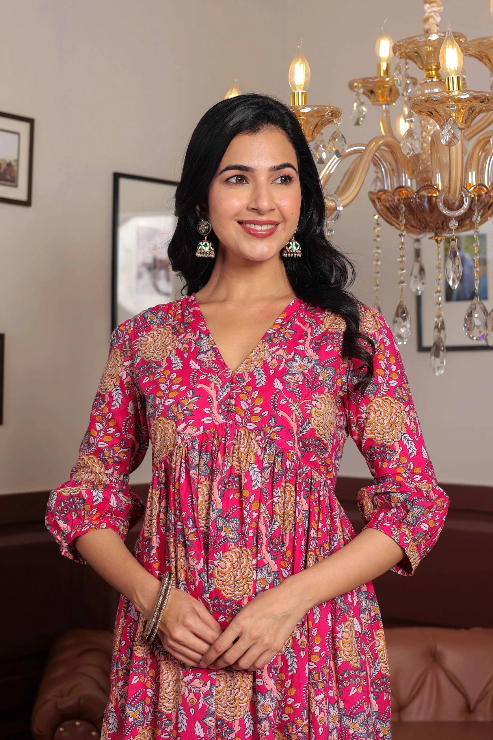 Pink Block Printed V-Neck Dress With Flared Hem & Pleated Sleeves