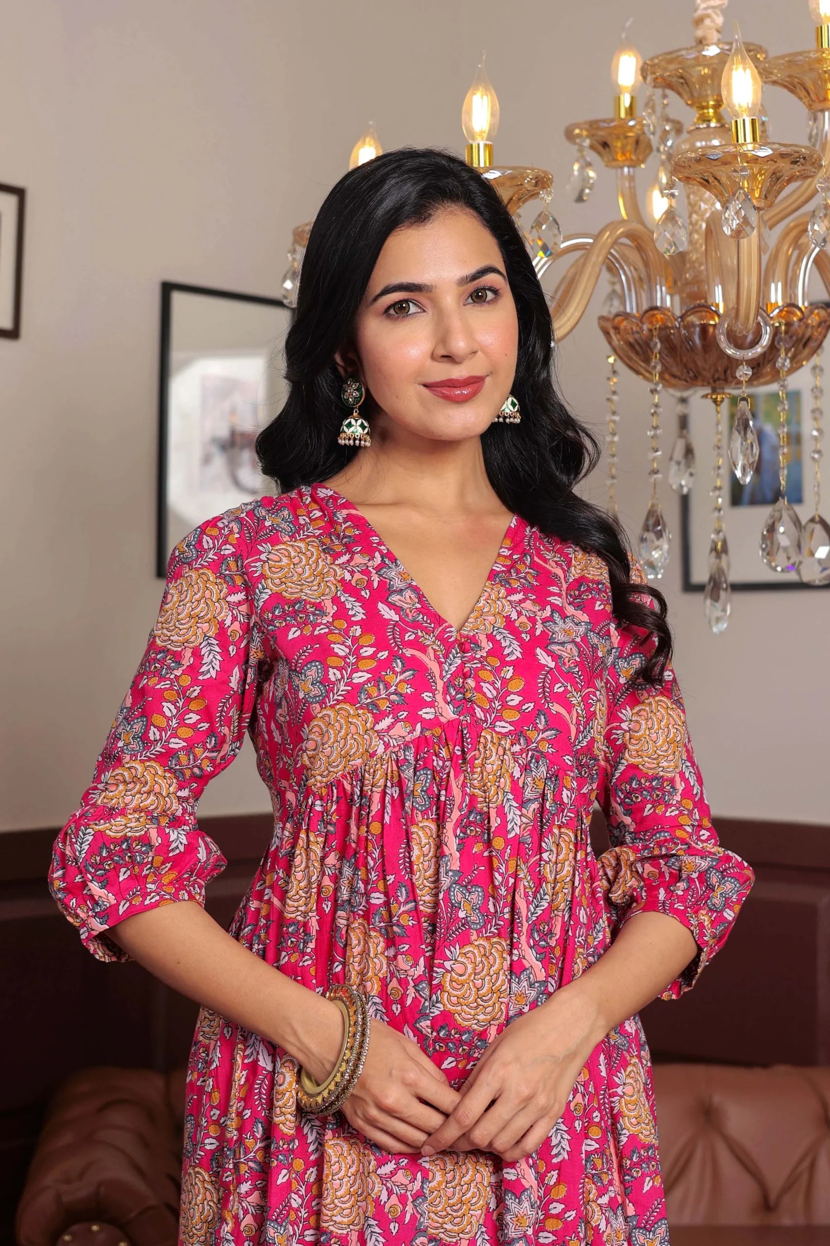 Pink Block Printed V-Neck Dress With Flared Hem & Pleated Sleeves