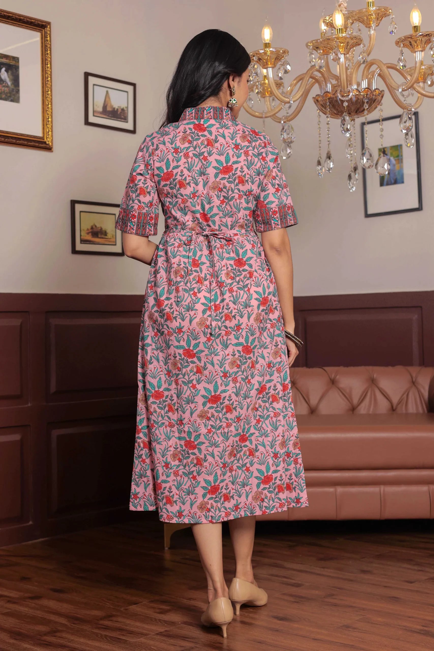 Light Pink Hand Block Printed A- Line Midi Dress