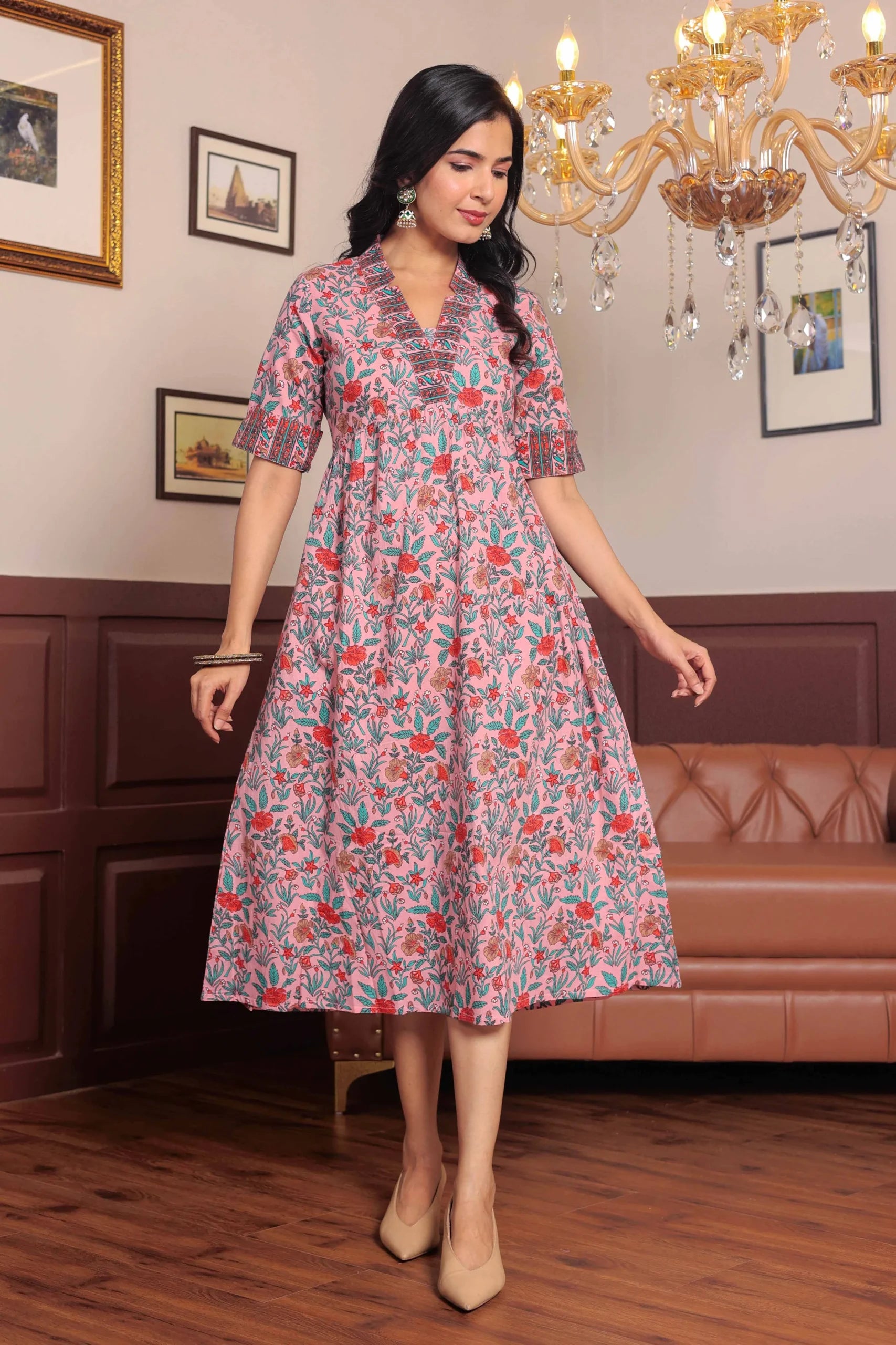 Light Pink Hand Block Printed A- Line Midi Dress