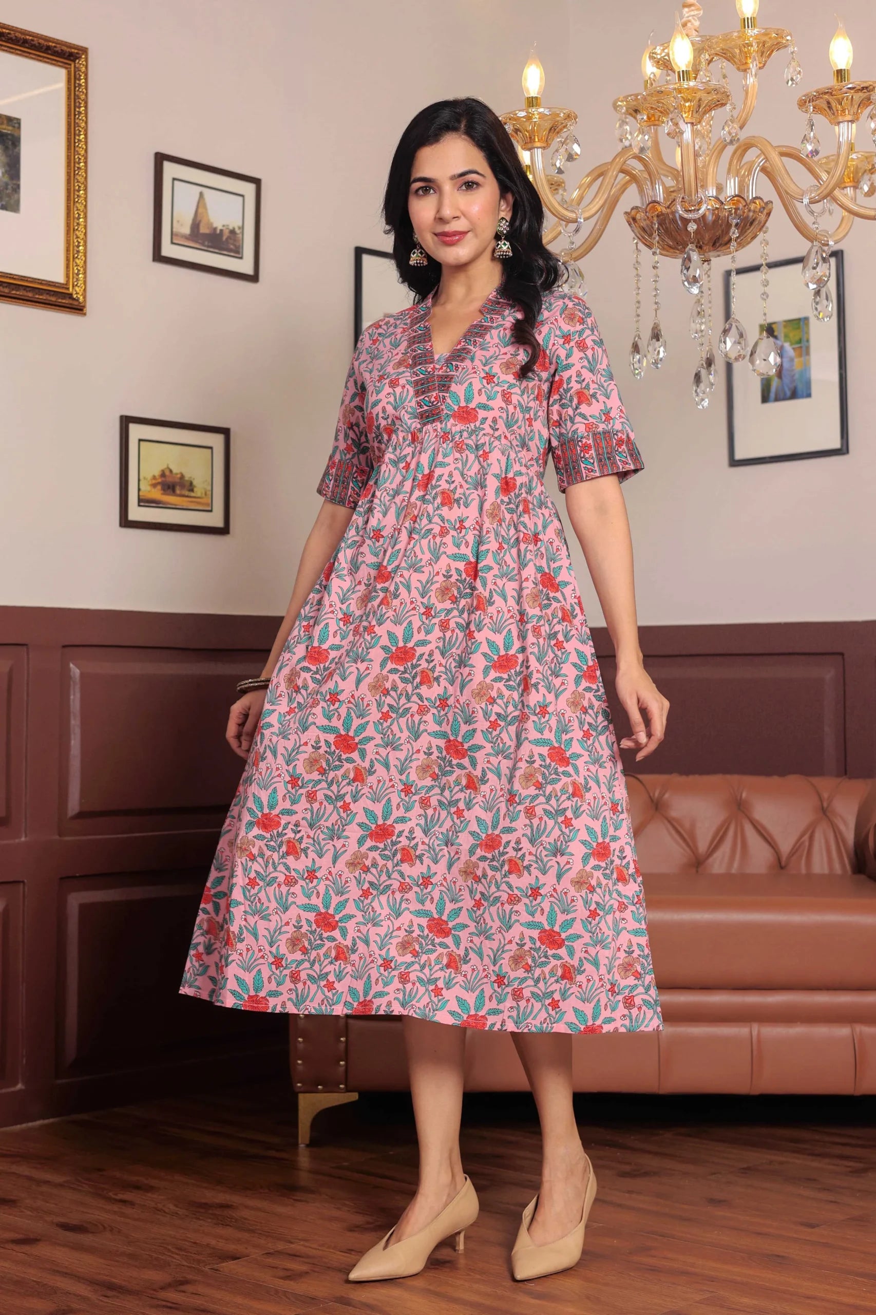 Light Pink Hand Block Printed A- Line Midi Dress