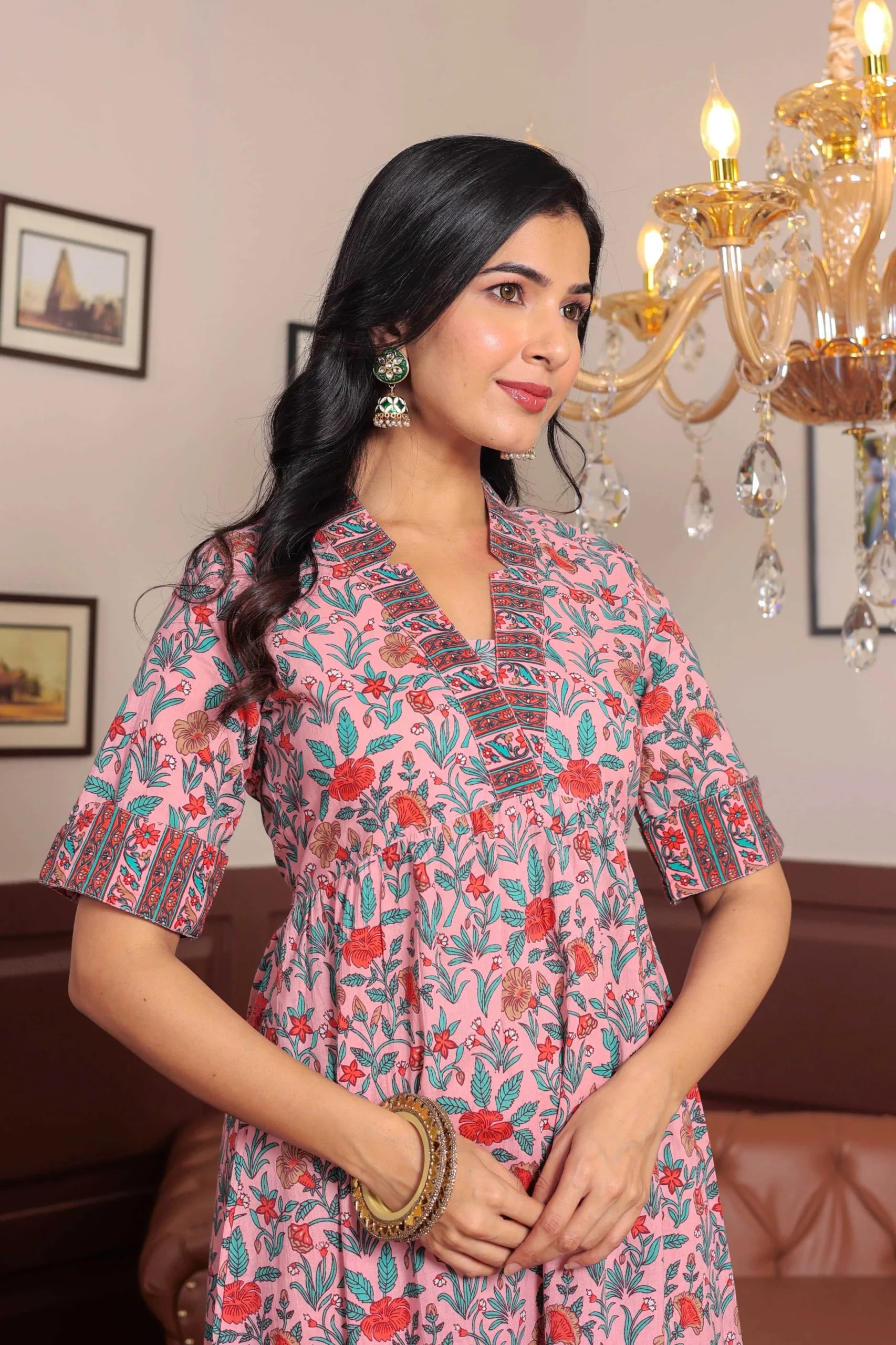 Light Pink Hand Block Printed A- Line Midi Dress