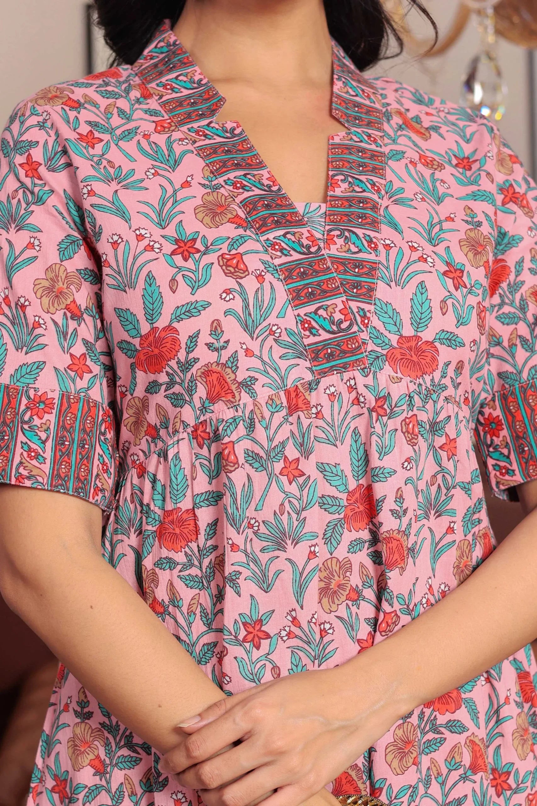 Light Pink Hand Block Printed A- Line Midi Dress