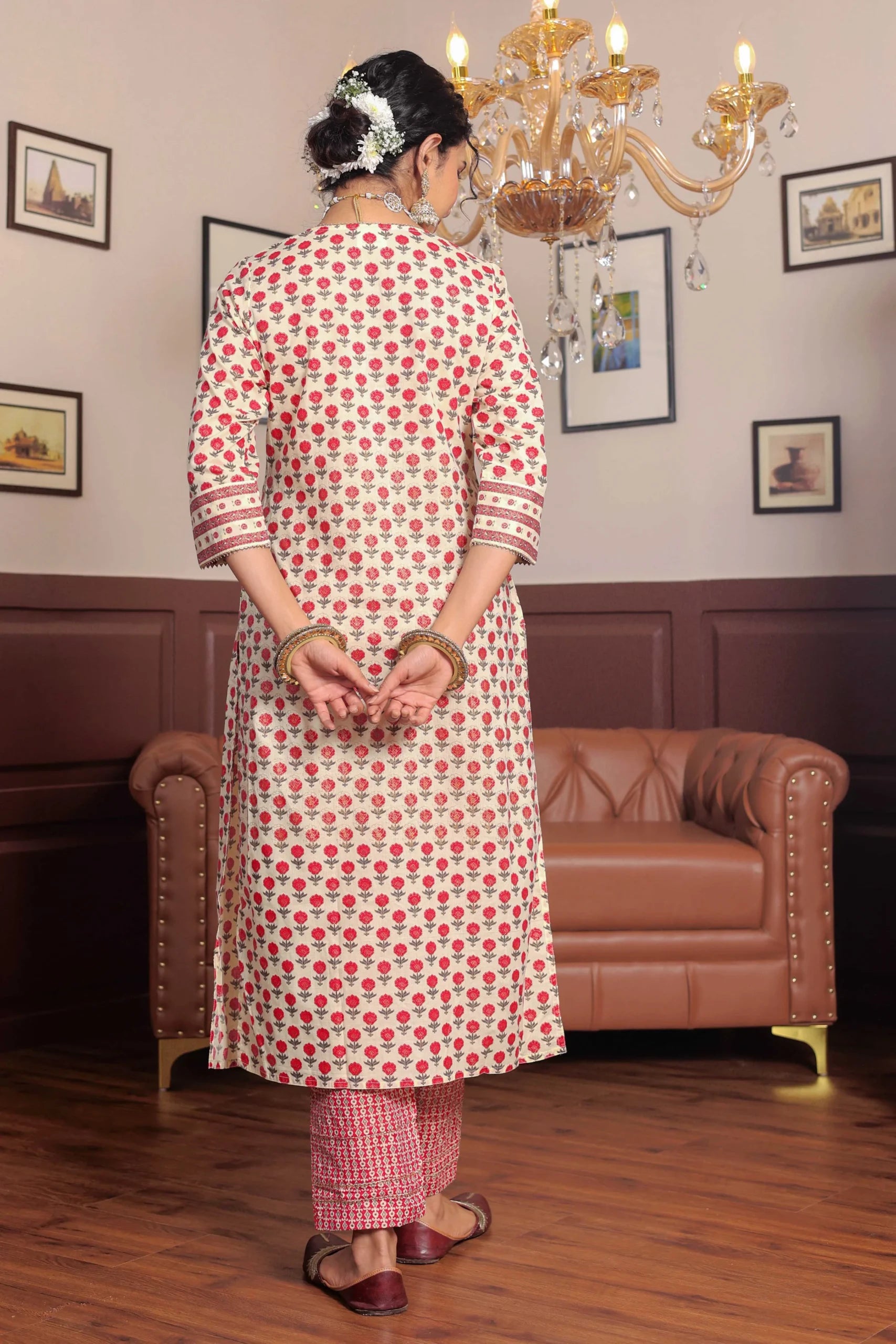 Pink Printed cotton kurta highlighted with gotta lace with trouser