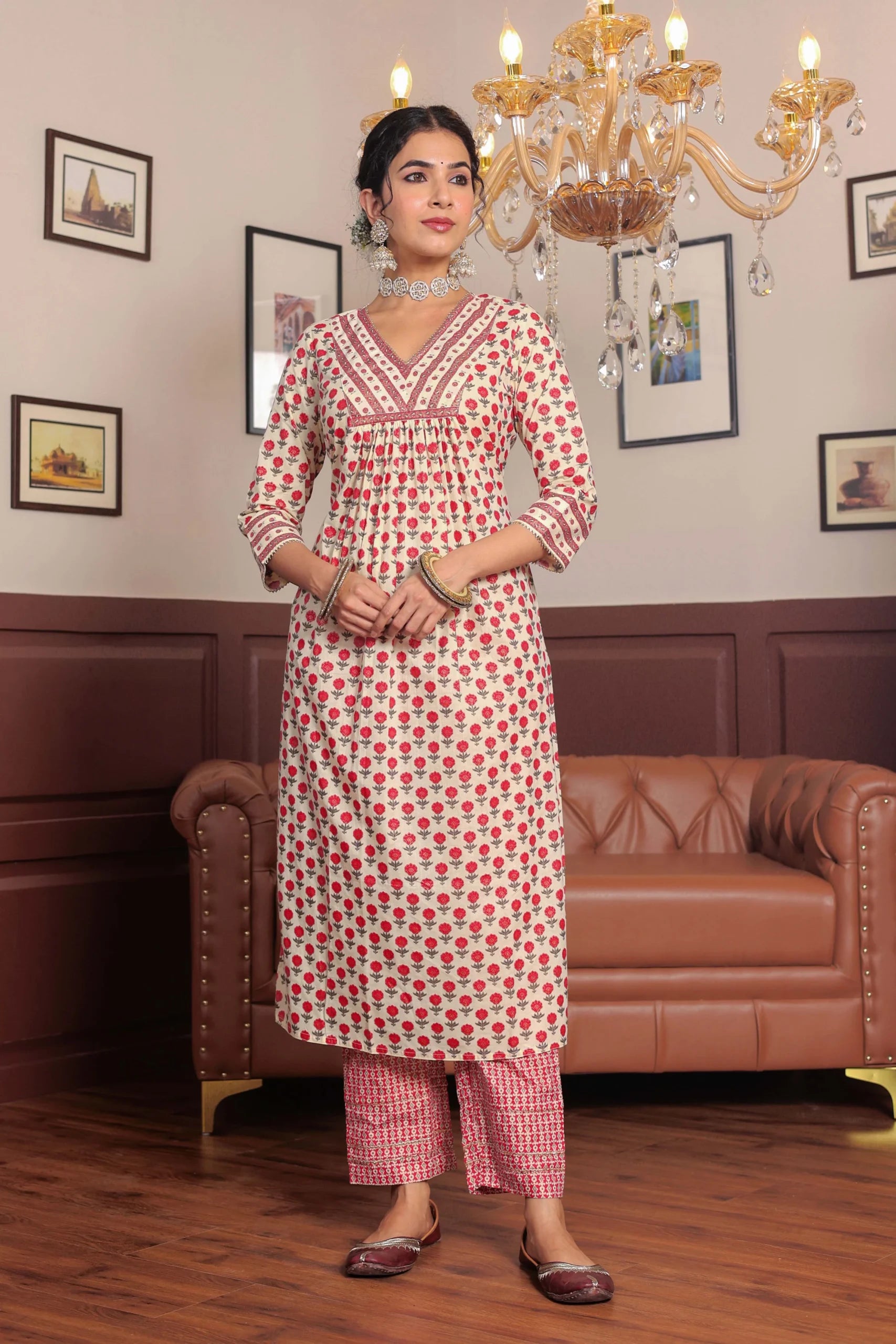 Pink Printed cotton kurta highlighted with gotta lace with trouser