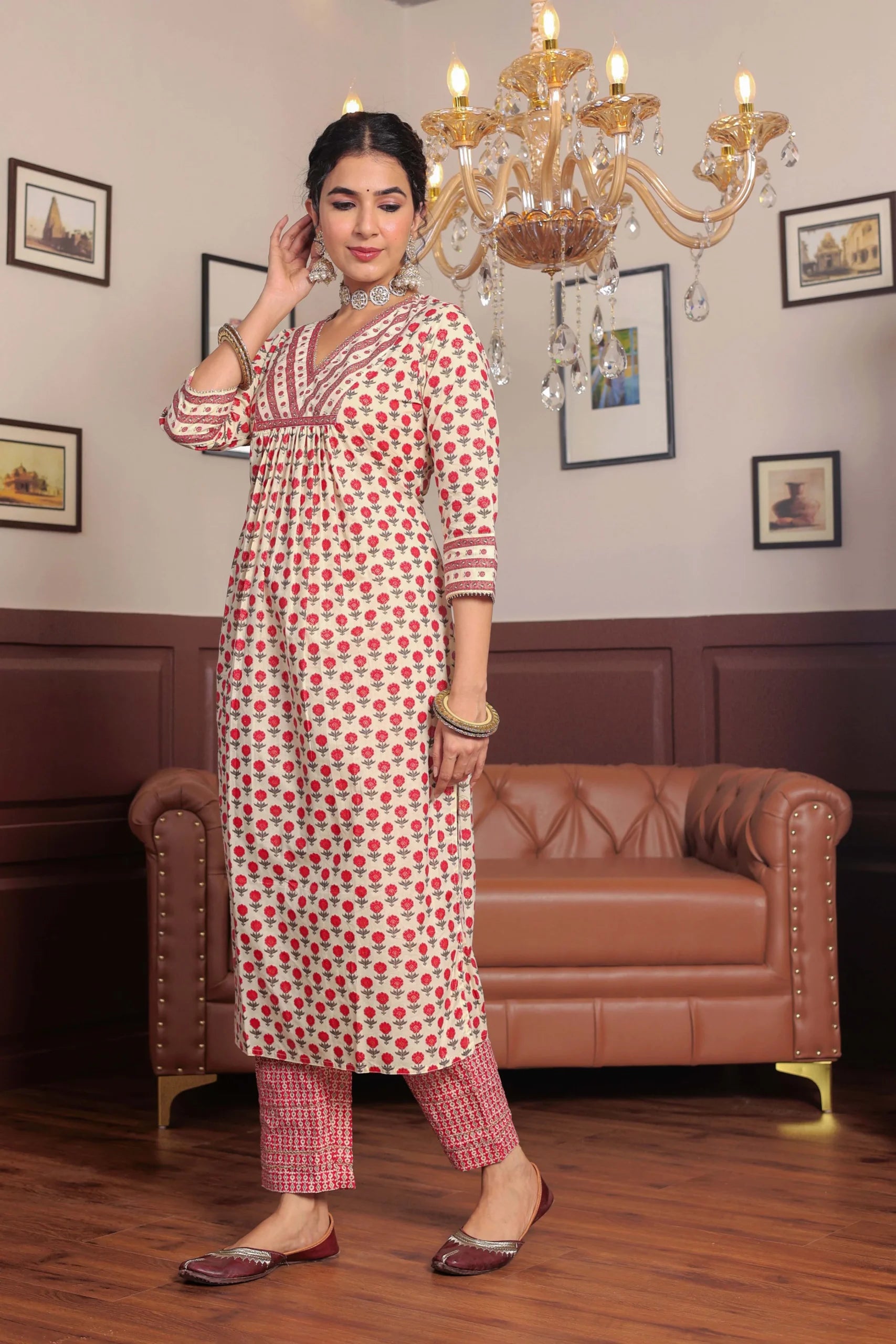 Pink Printed cotton kurta highlighted with gotta lace with trouser