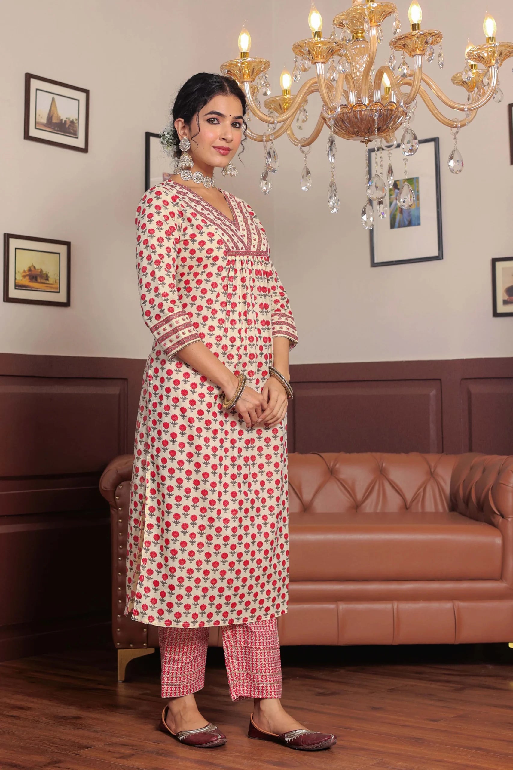 Pink Printed cotton kurta highlighted with gotta lace with trouser