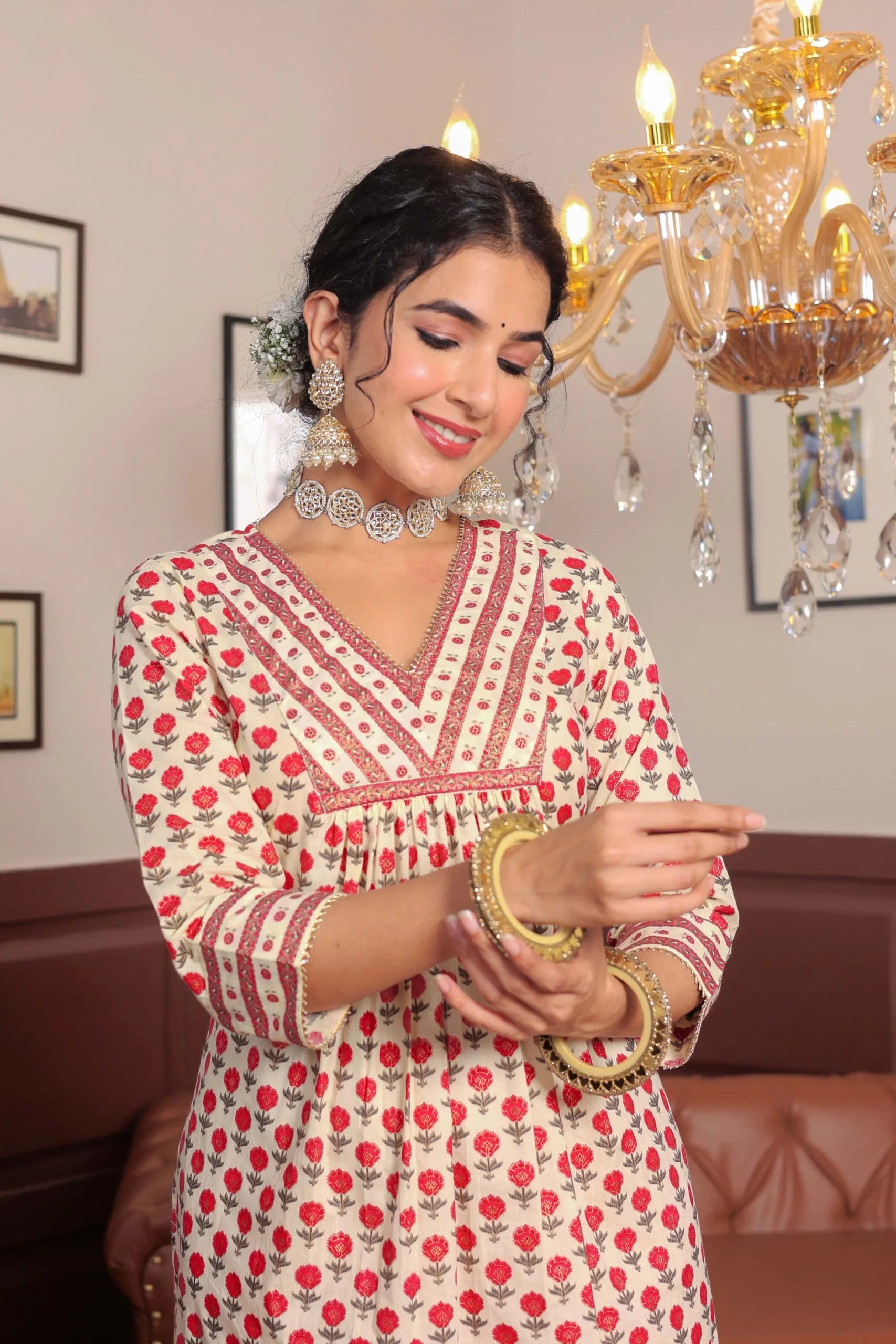 Pink Printed cotton kurta highlighted with gotta lace with trouser