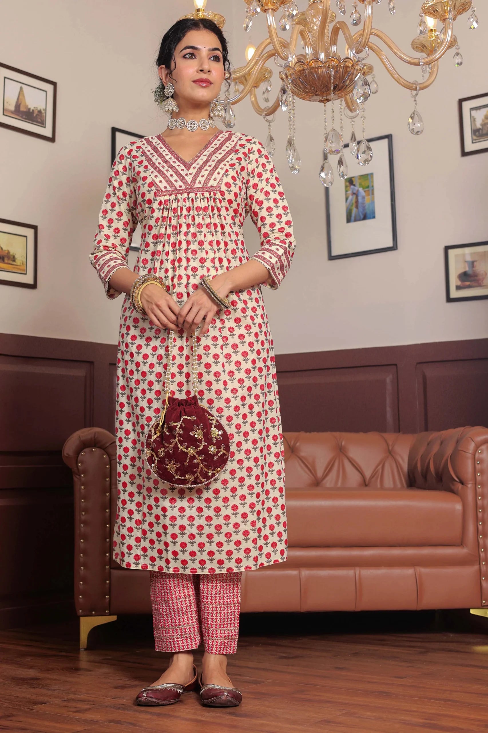 Pink Printed cotton kurta highlighted with gotta lace with trouser