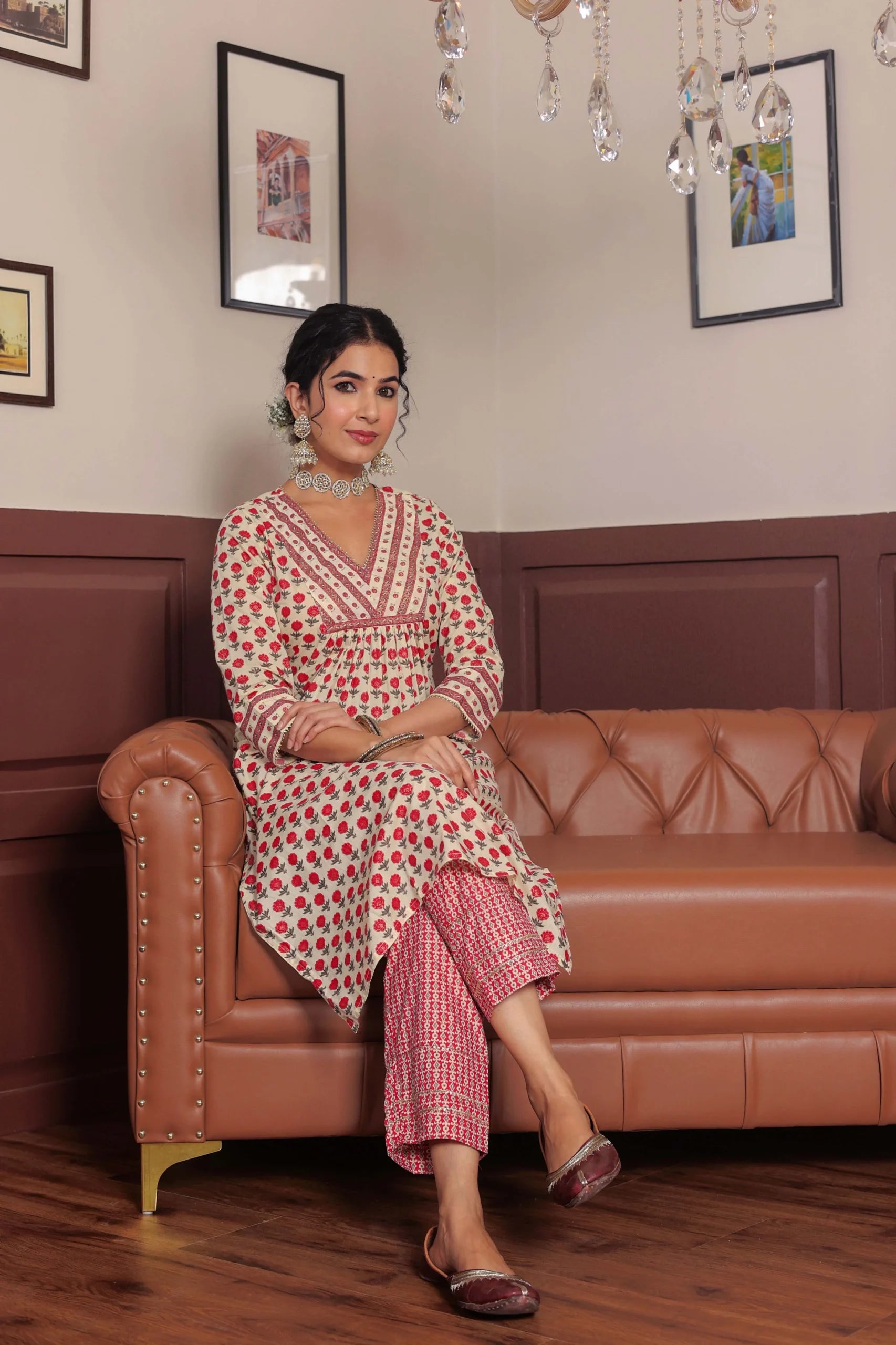 Pink Printed cotton kurta highlighted with gotta lace with trouser