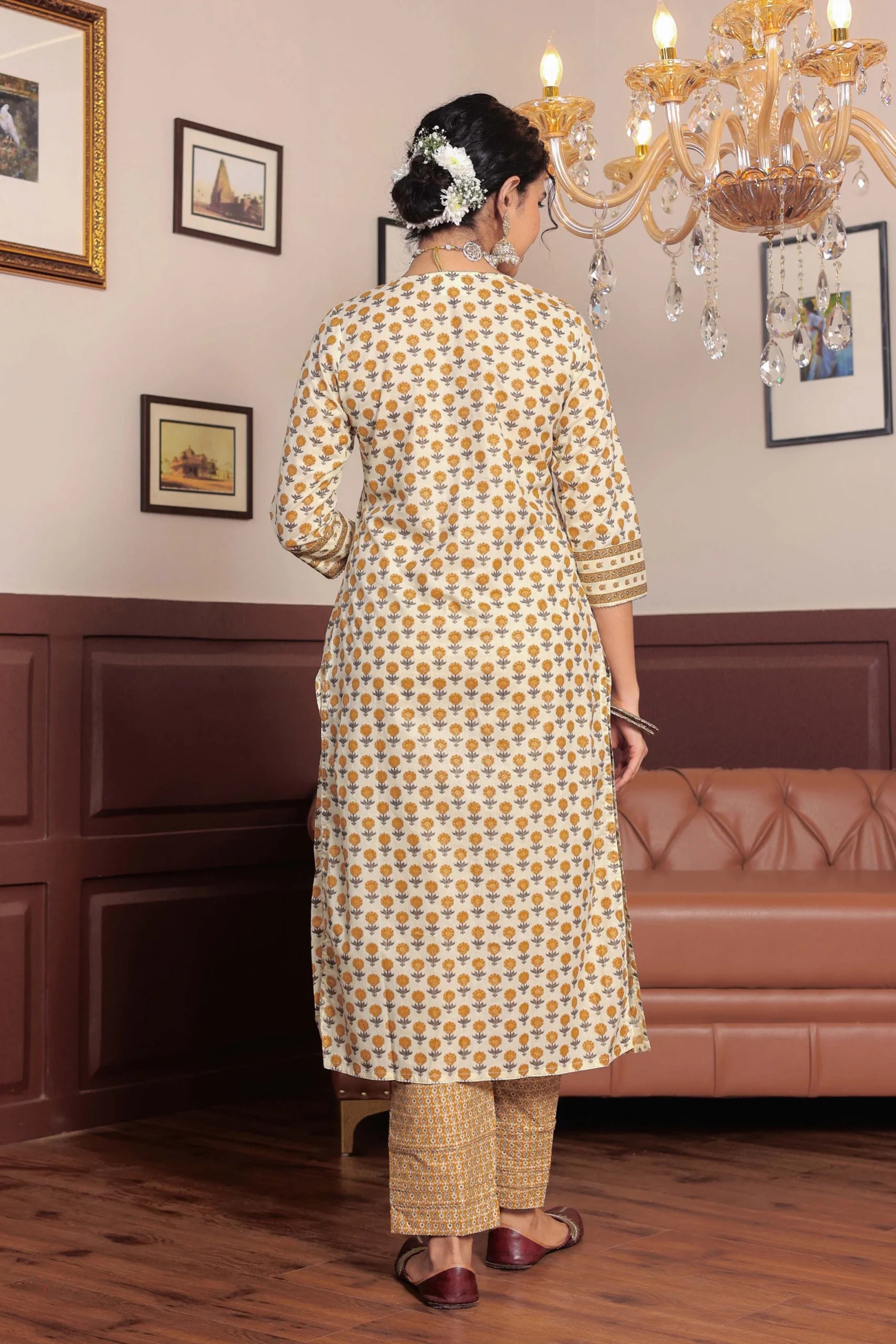 Mustard Printed cotton kurta highlighted with gotta lace with trouser