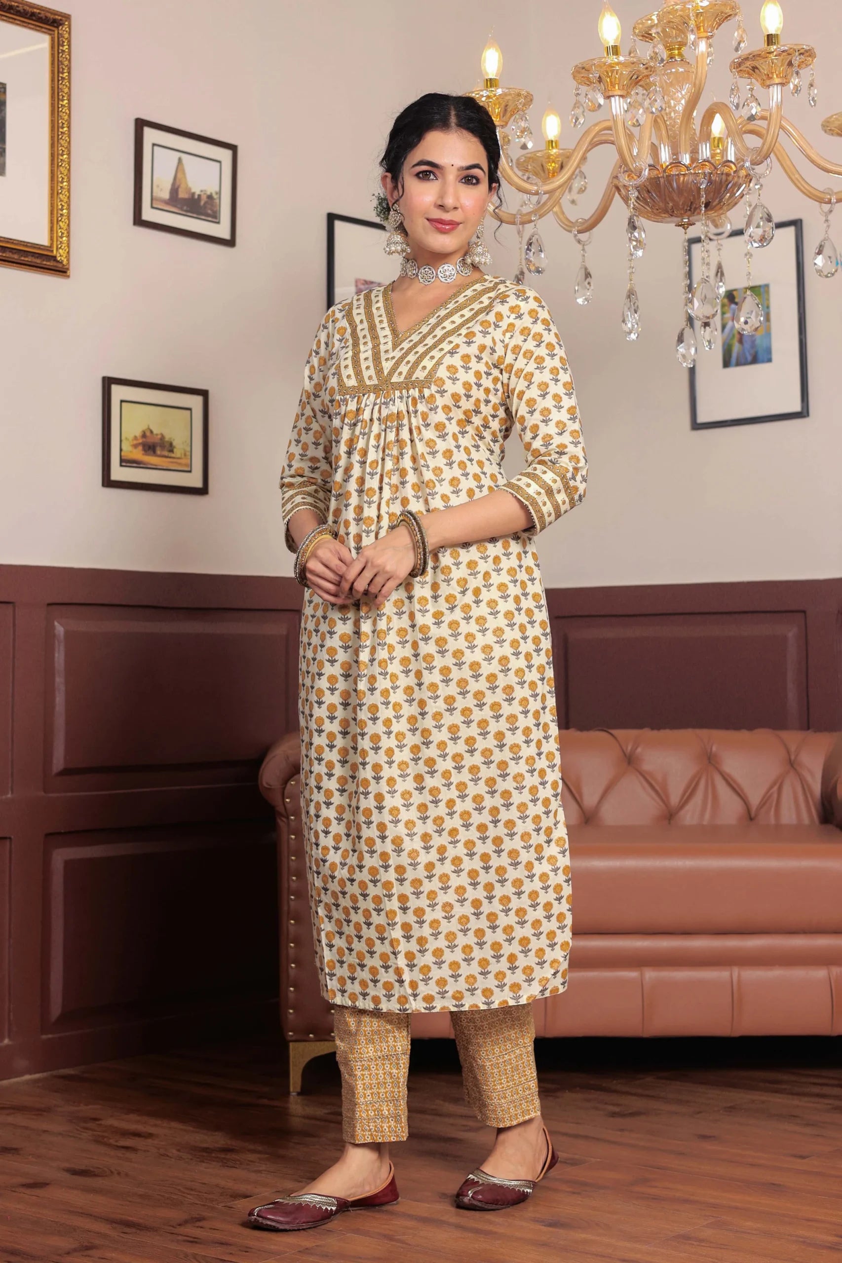 Mustard Printed cotton kurta highlighted with gotta lace with trouser