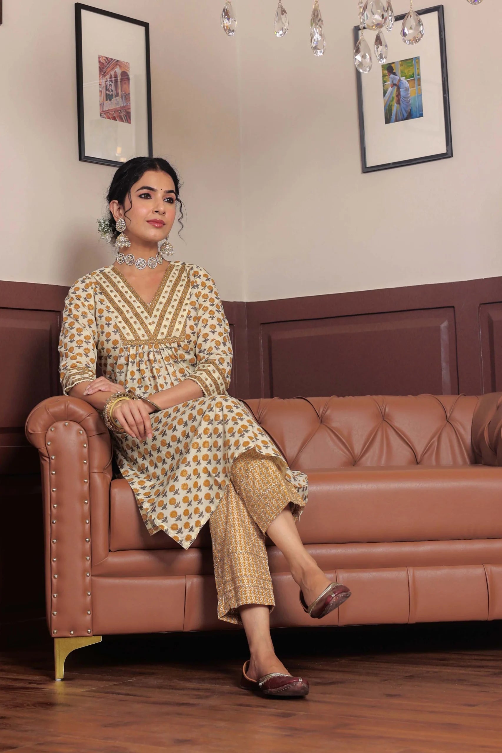 Mustard Printed cotton kurta highlighted with gotta lace with trouser