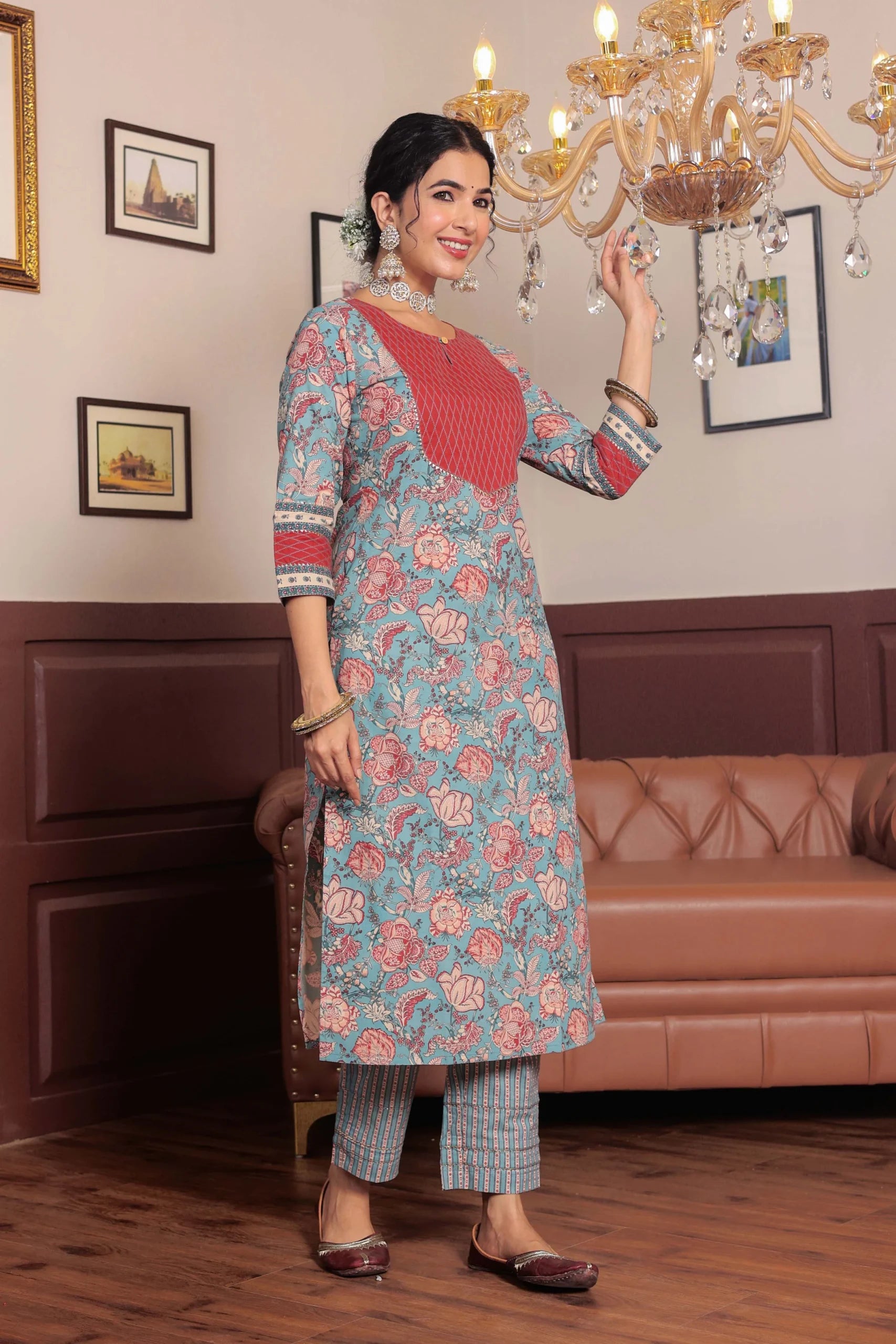 Light Blue Floral Printed Gotta Thread Work Kurta with Trouser – Gulab ...