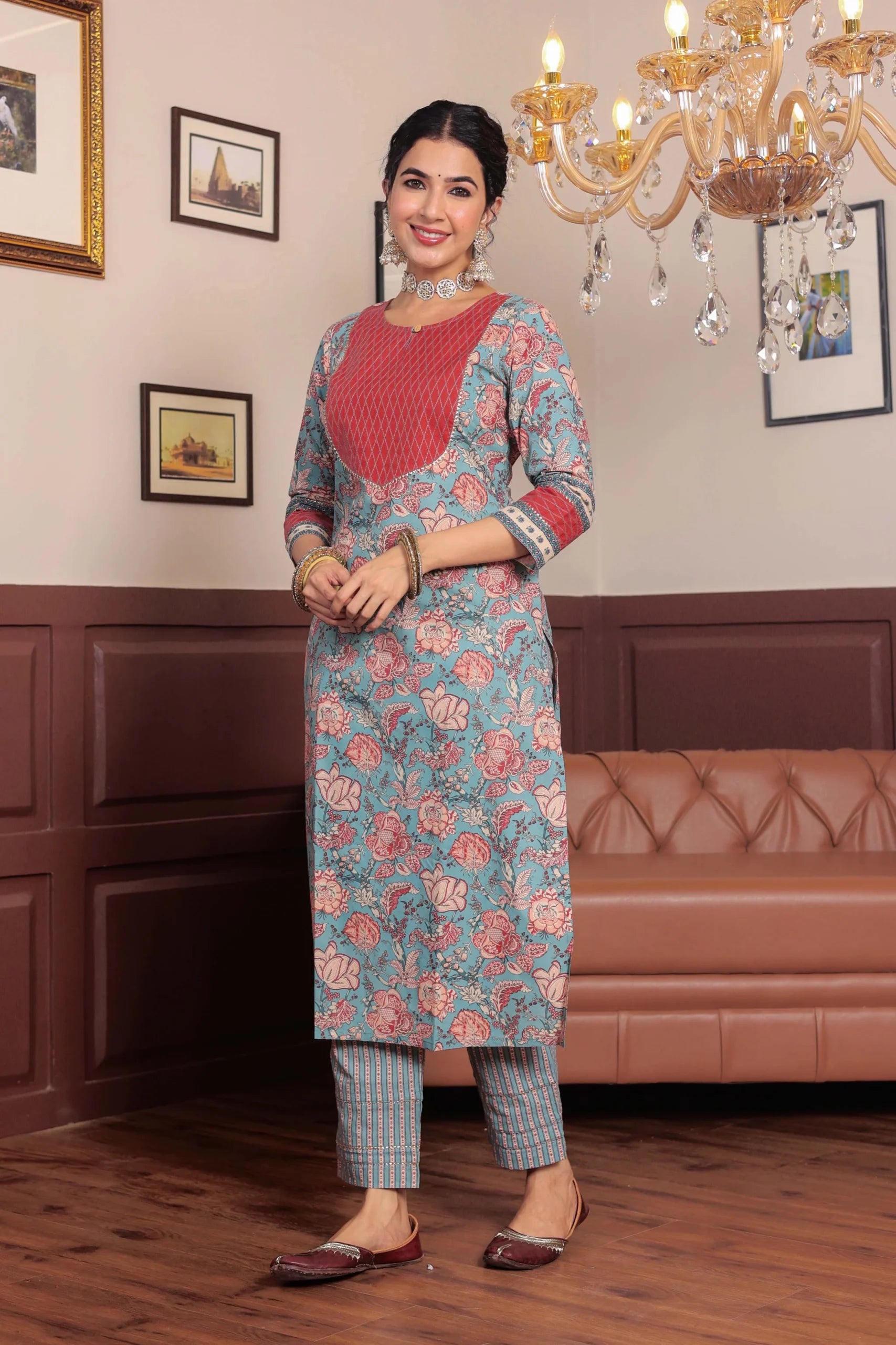 Light Blue Floral Printed Gotta Thread Work Kurta with Trouser – Gulab ...