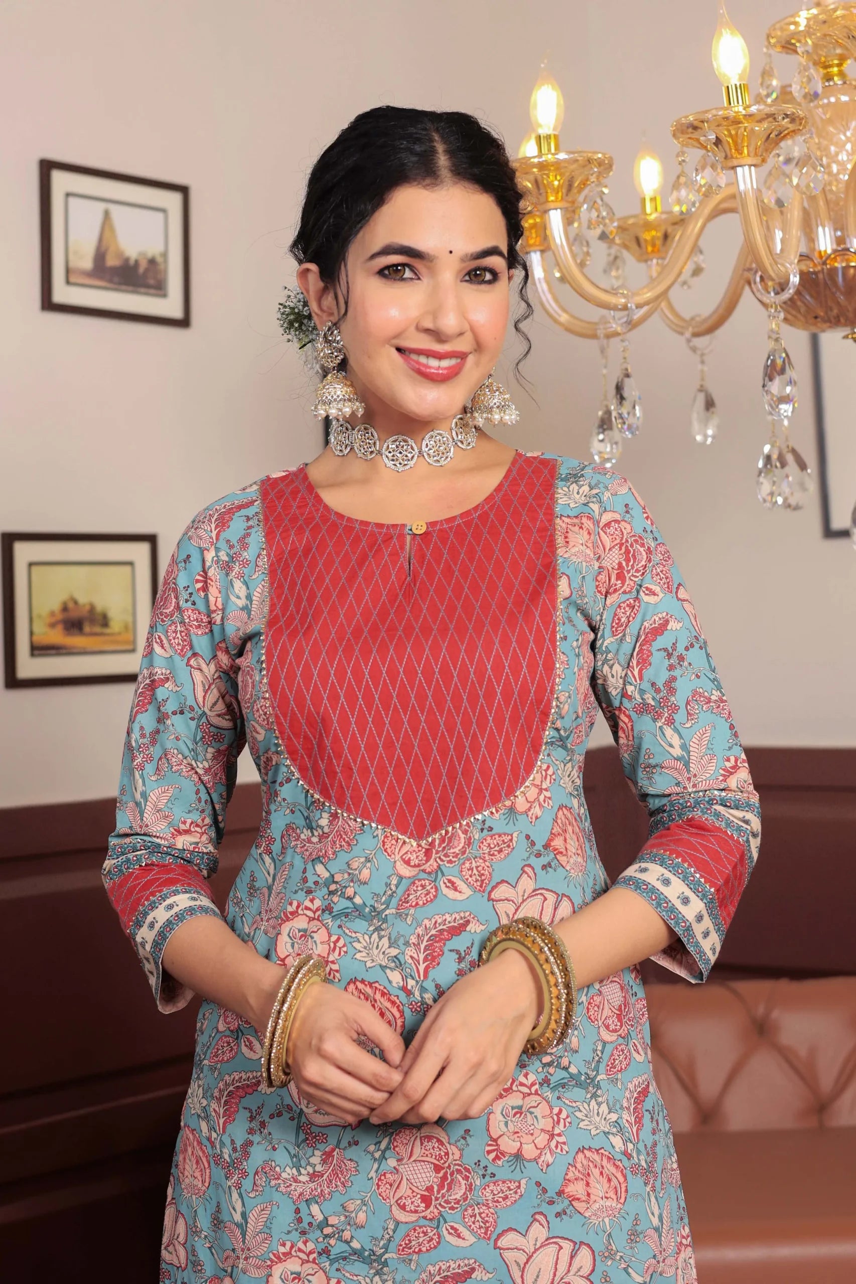 Light Blue Floral Printed Gotta Thread Work Kurta with Trouser – Gulab ...