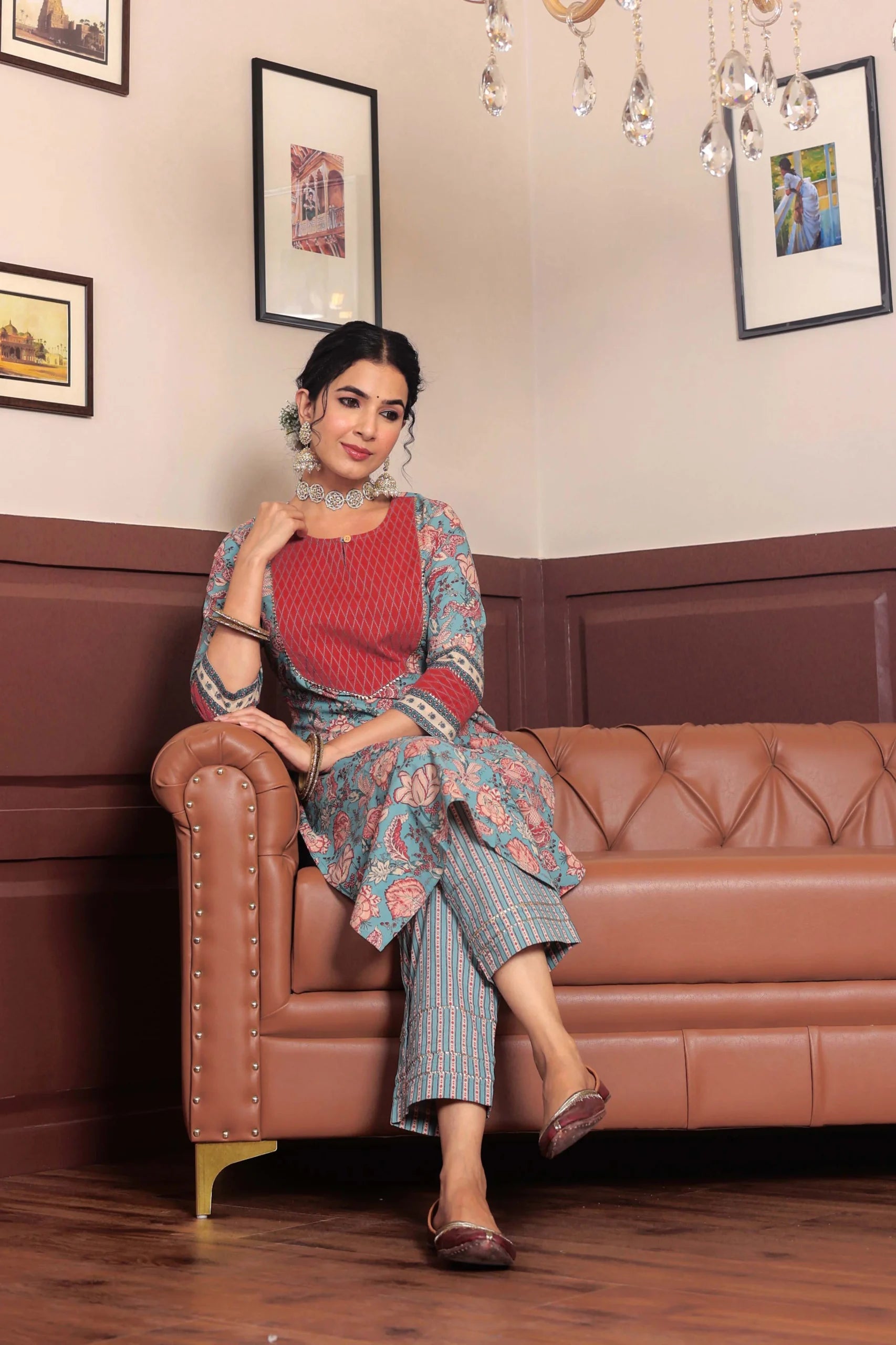 Light Blue Floral Printed Gotta Thread Work Kurta with Trouser – Gulab ...