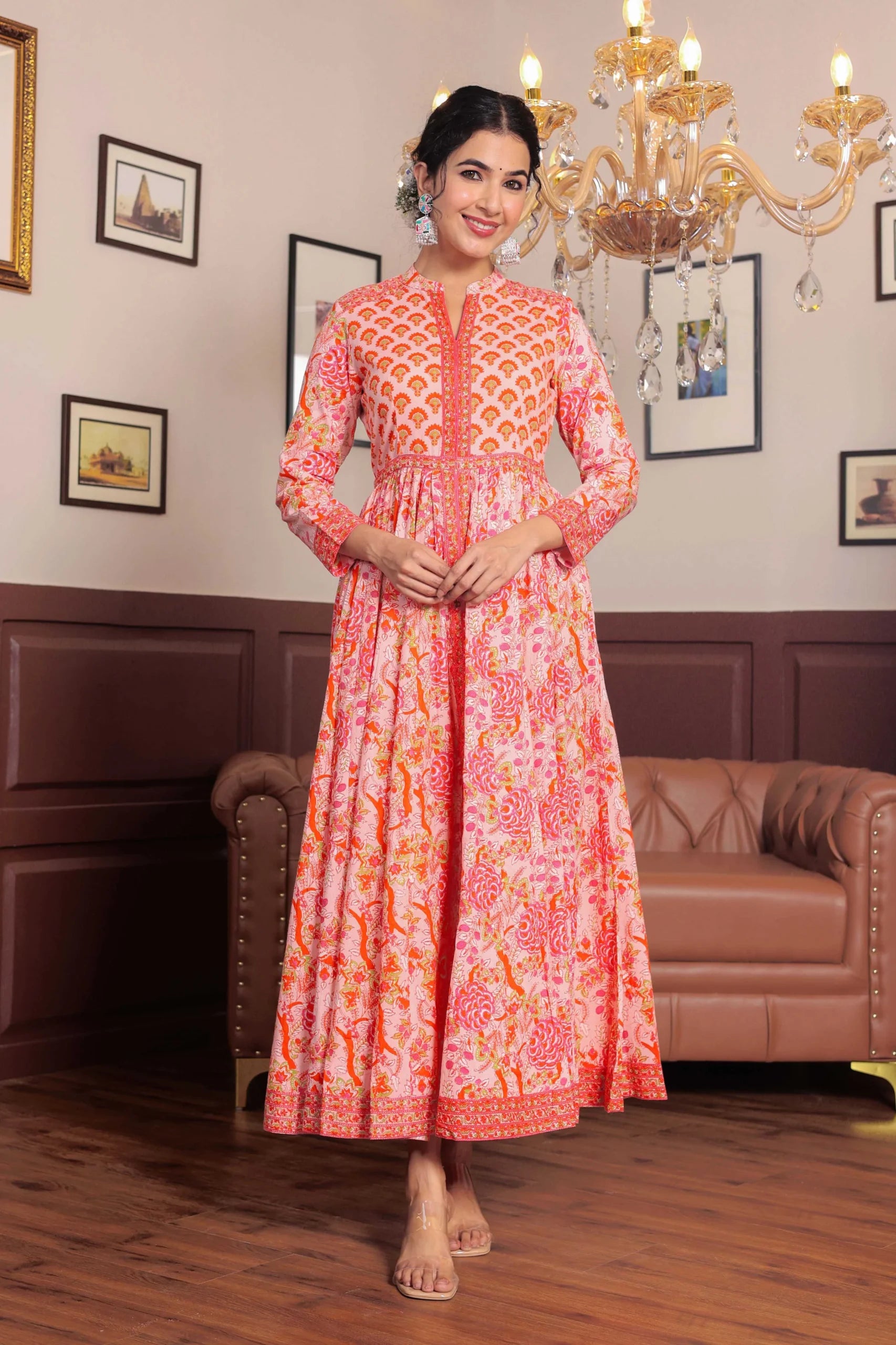 Light Pink Anarkali Cotton Hand Block Printed Ethnic Maxi Dress