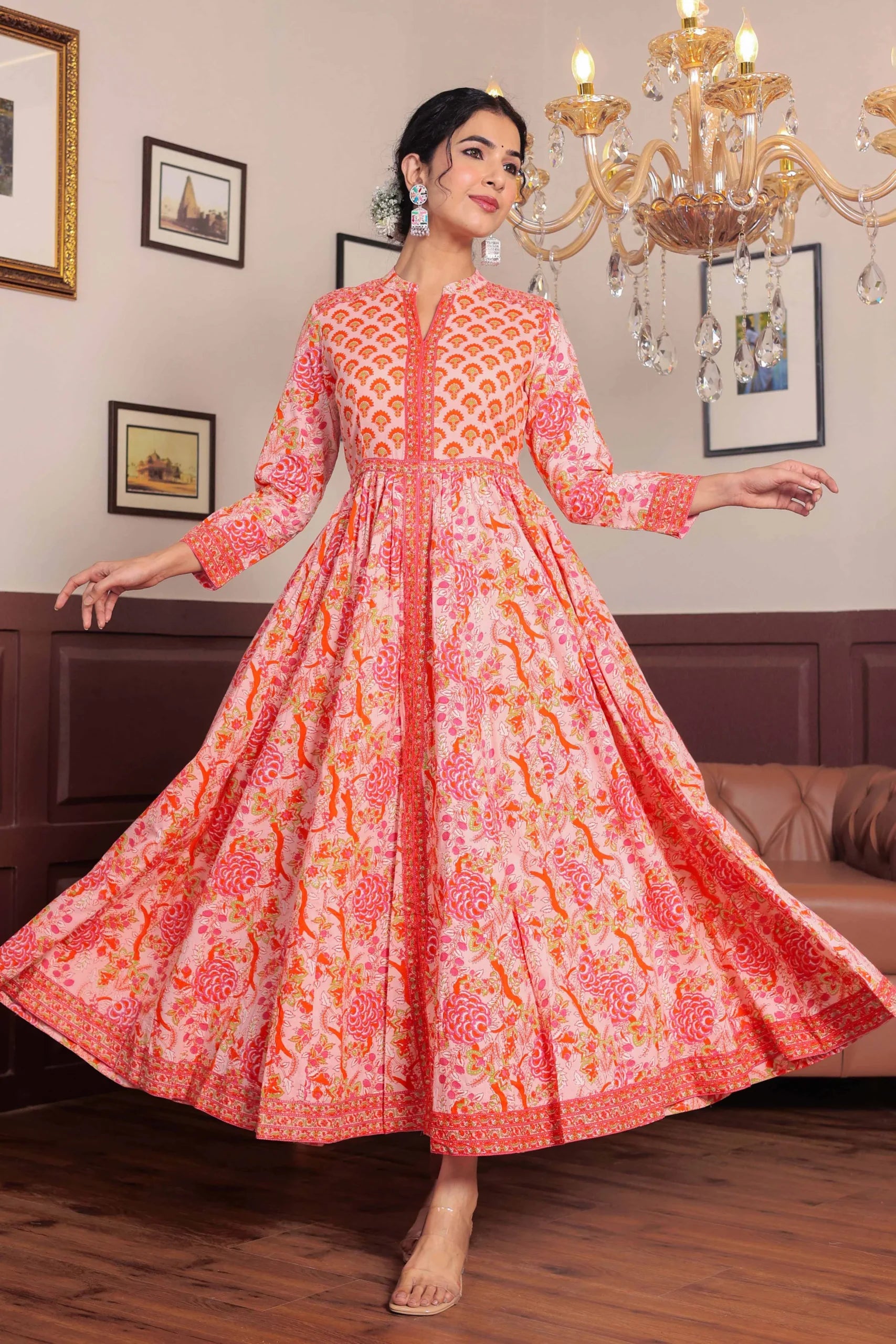 Light Pink Anarkali Cotton Hand Block Printed Ethnic Maxi Dress