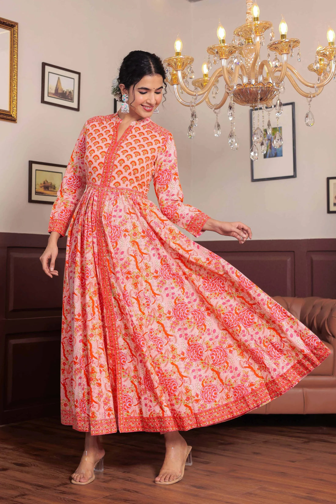 Light Pink Anarkali Cotton Hand Block Printed Ethnic Maxi Dress