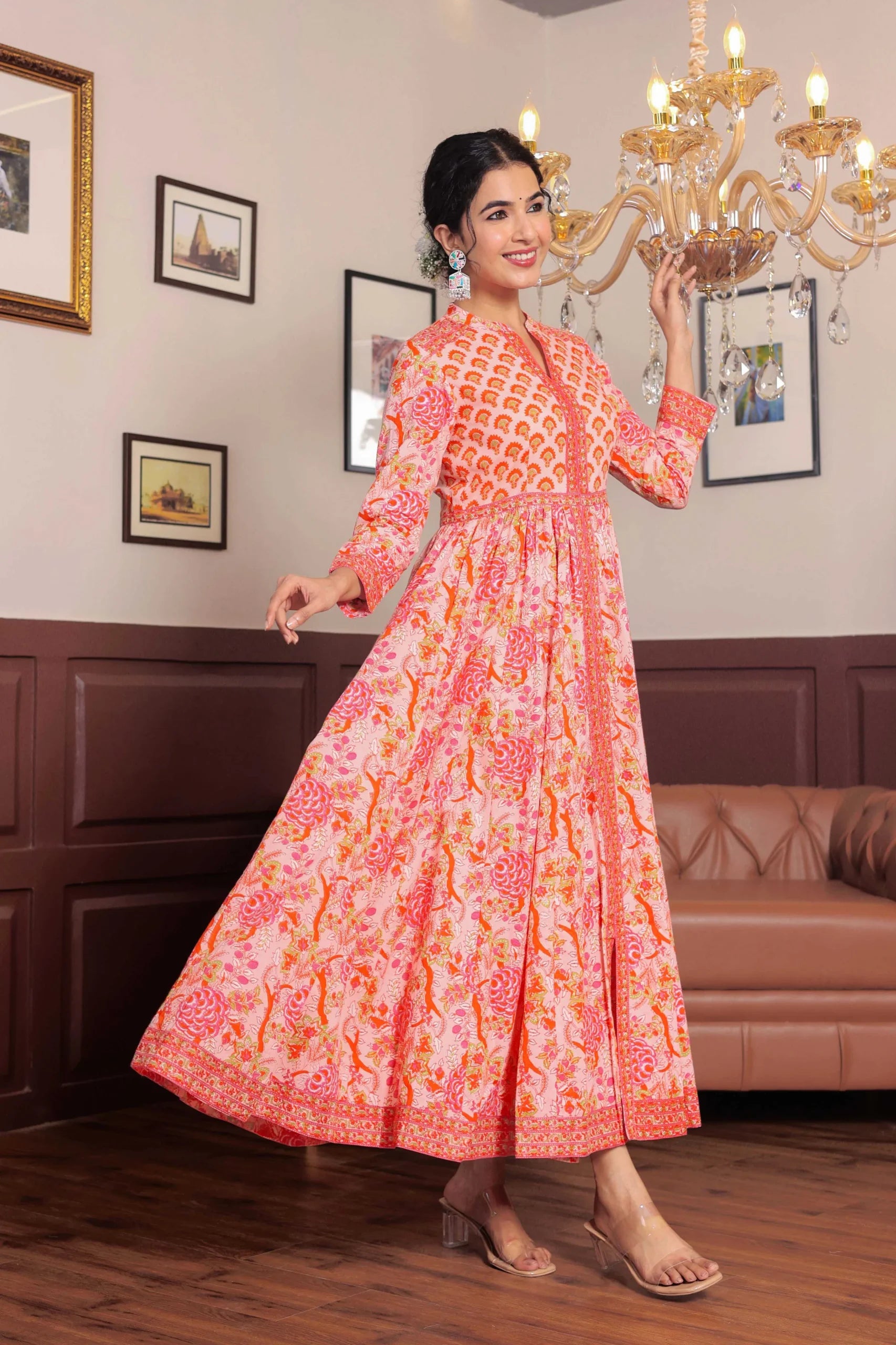 Light Pink Anarkali Cotton Hand Block Printed Ethnic Maxi Dress