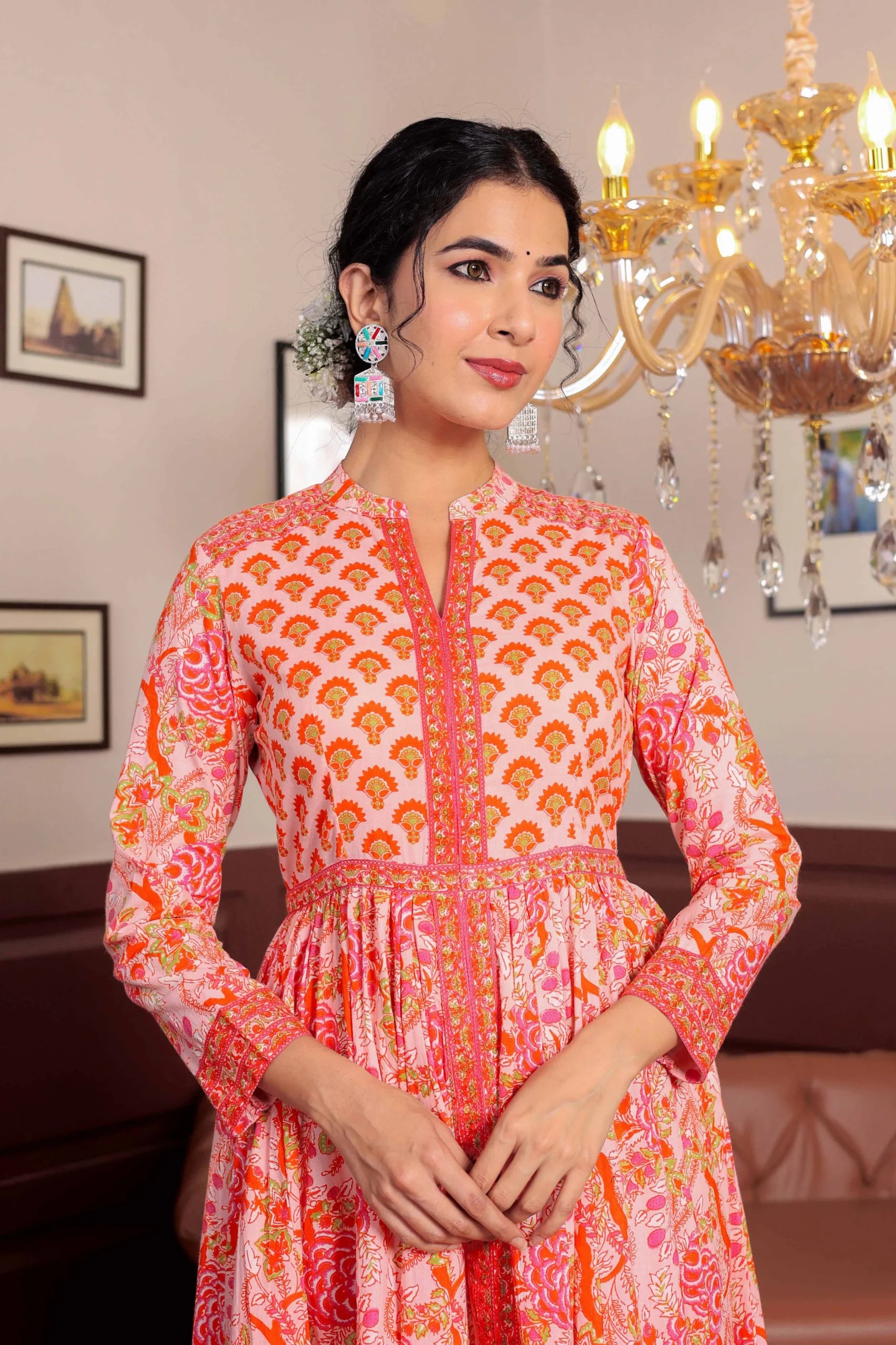 Light Pink Anarkali Cotton Hand Block Printed Ethnic Maxi Dress