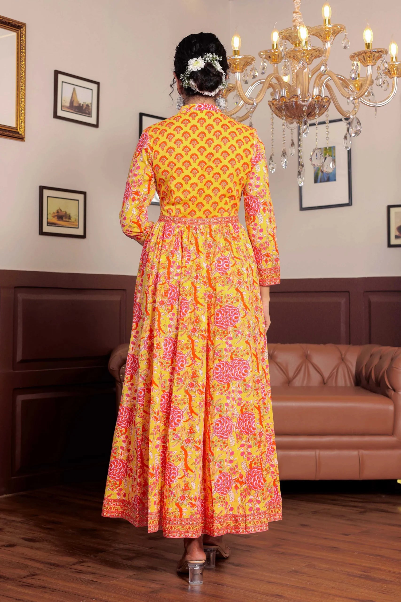 Light Yellow Anarkali Cotton Hand Block Printed Ethnic Maxi Dress