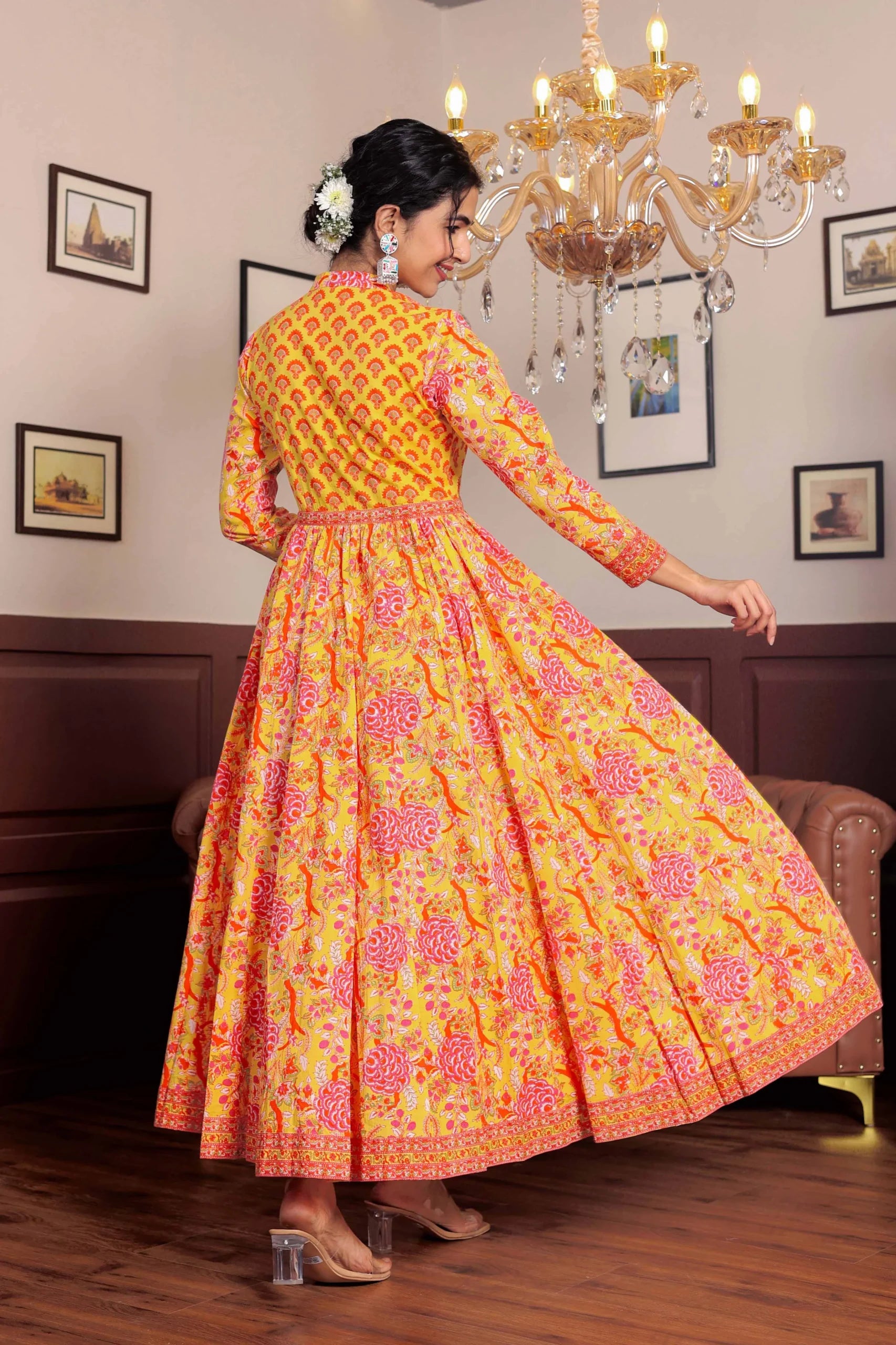 Light Yellow Anarkali Cotton Hand Block Printed Ethnic Maxi Dress