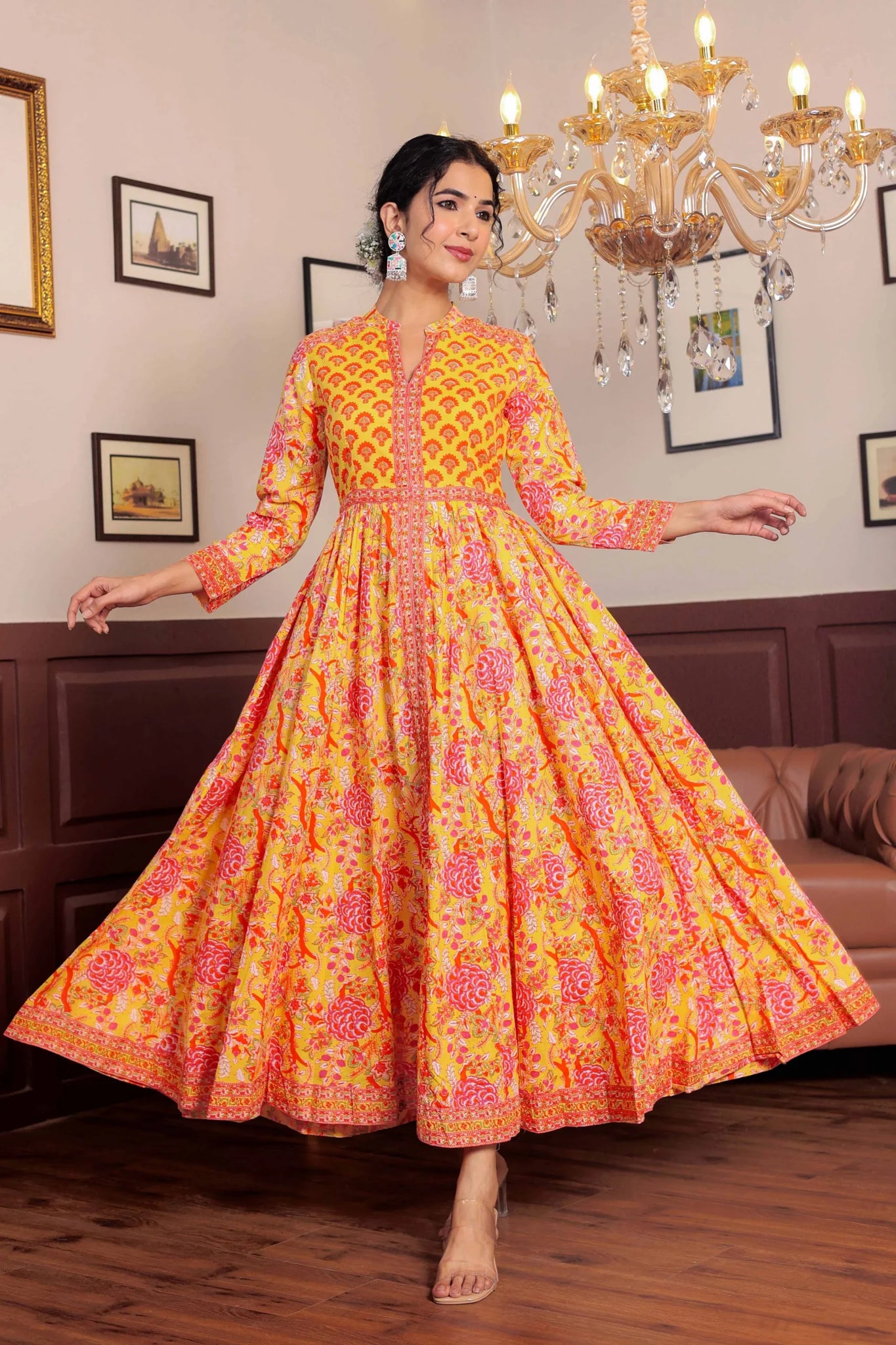 Light Yellow Anarkali Cotton Hand Block Printed Ethnic Maxi Dress