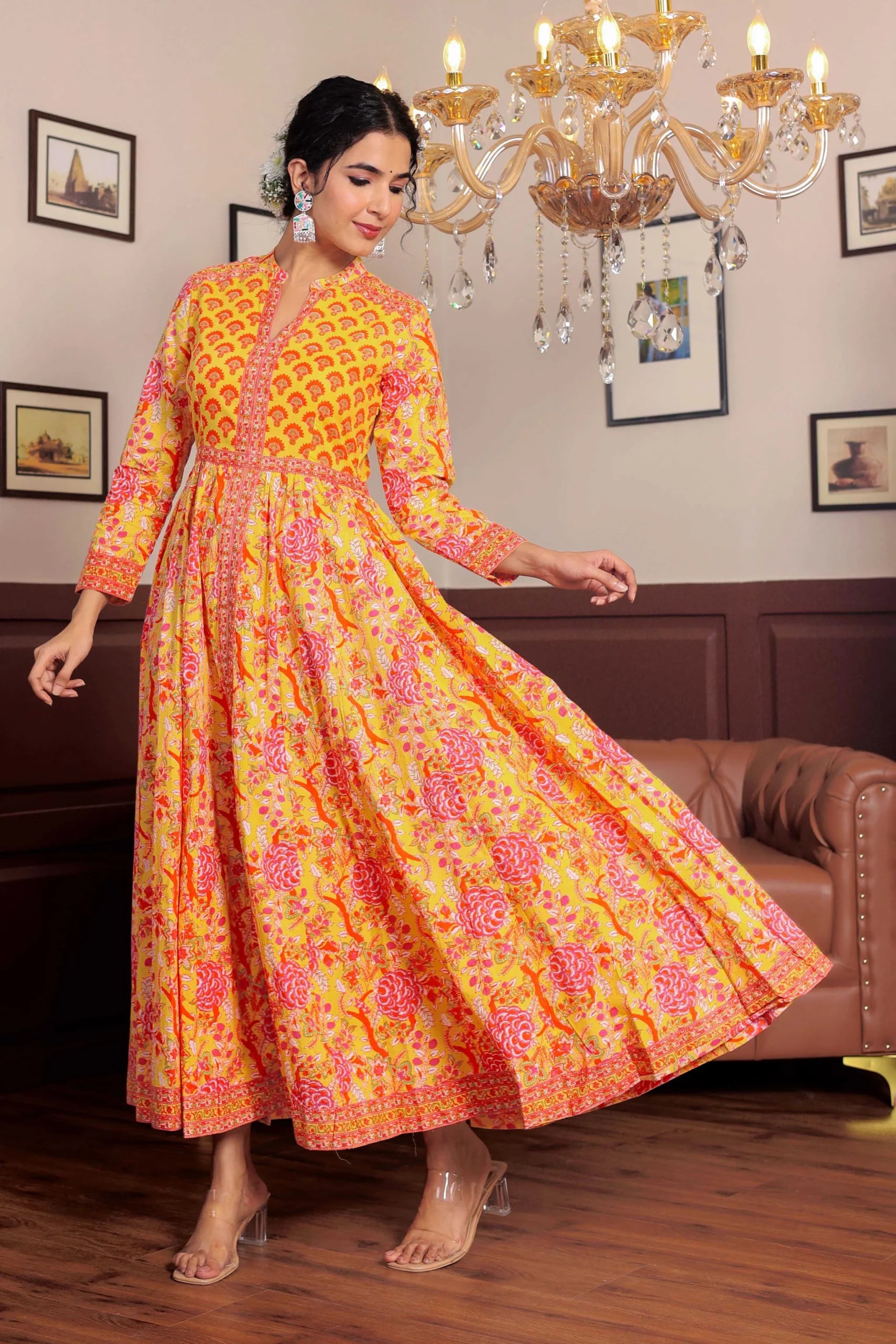 Light Yellow Anarkali Cotton Hand Block Printed Ethnic Maxi Dress