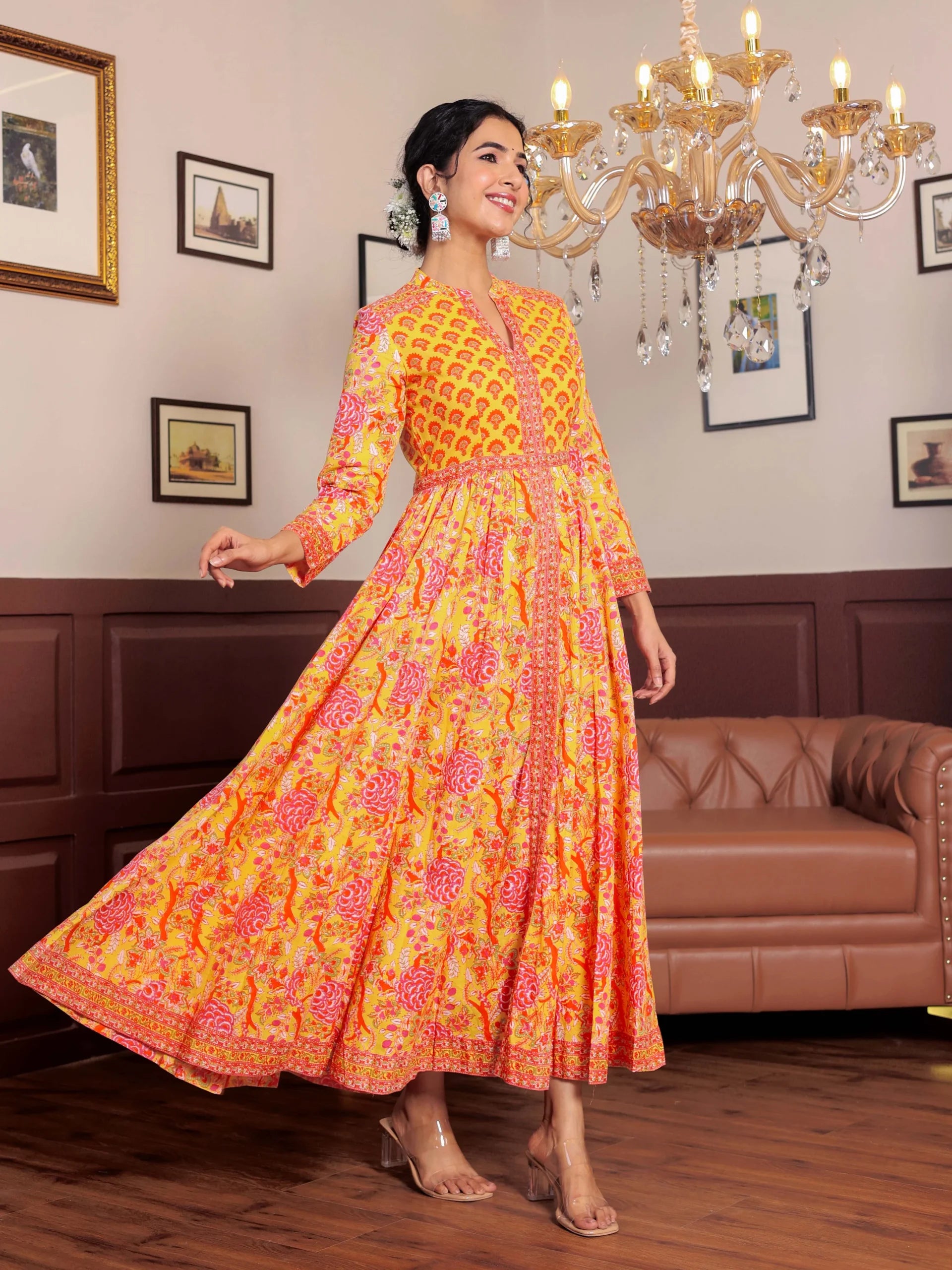 Light Yellow Anarkali Cotton Hand Block Printed Ethnic Maxi Dress