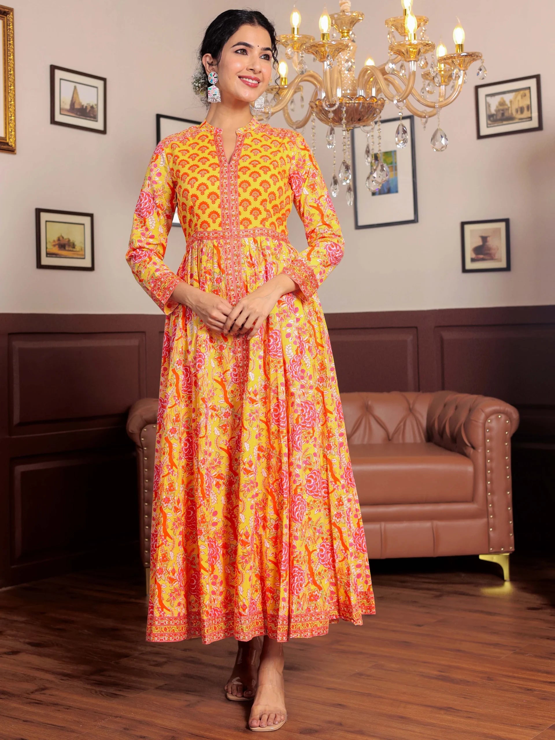 Light Yellow Anarkali Cotton Hand Block Printed Ethnic Maxi Dress