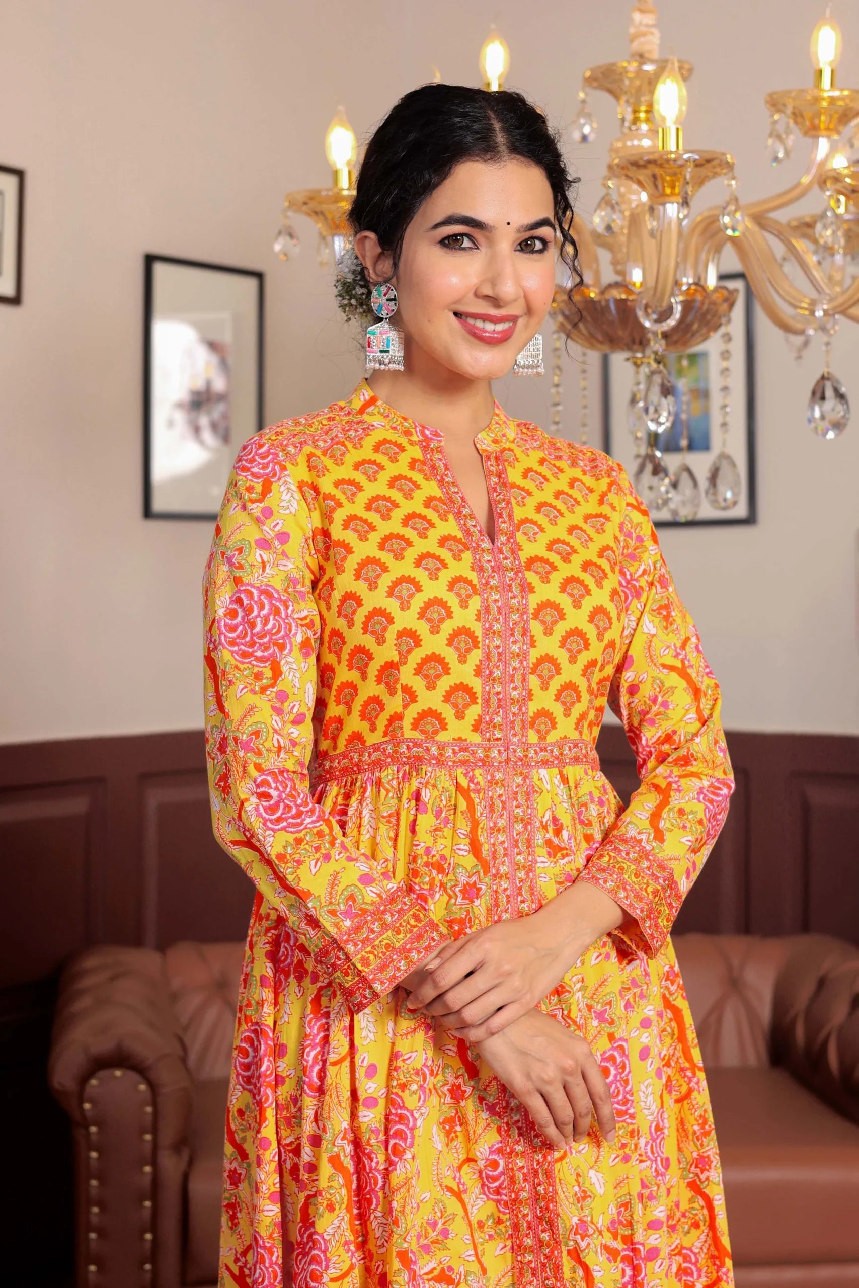 Light Yellow Anarkali Cotton Hand Block Printed Ethnic Maxi Dress