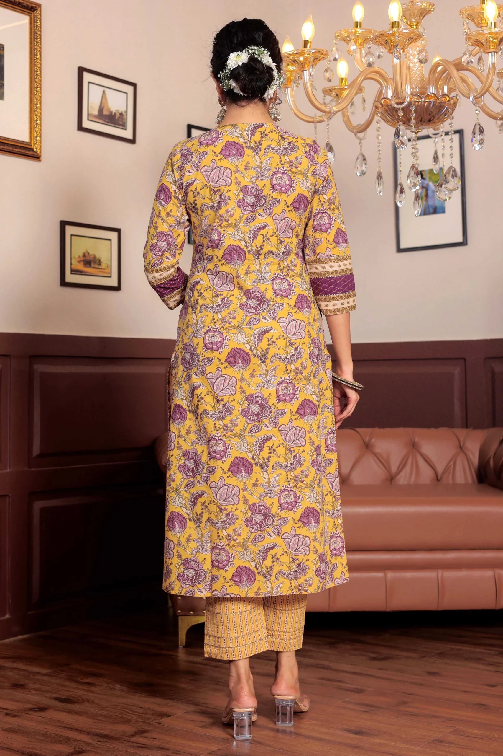 Yellow Floral Printed Gotta Thread Work Kurta with Trouser