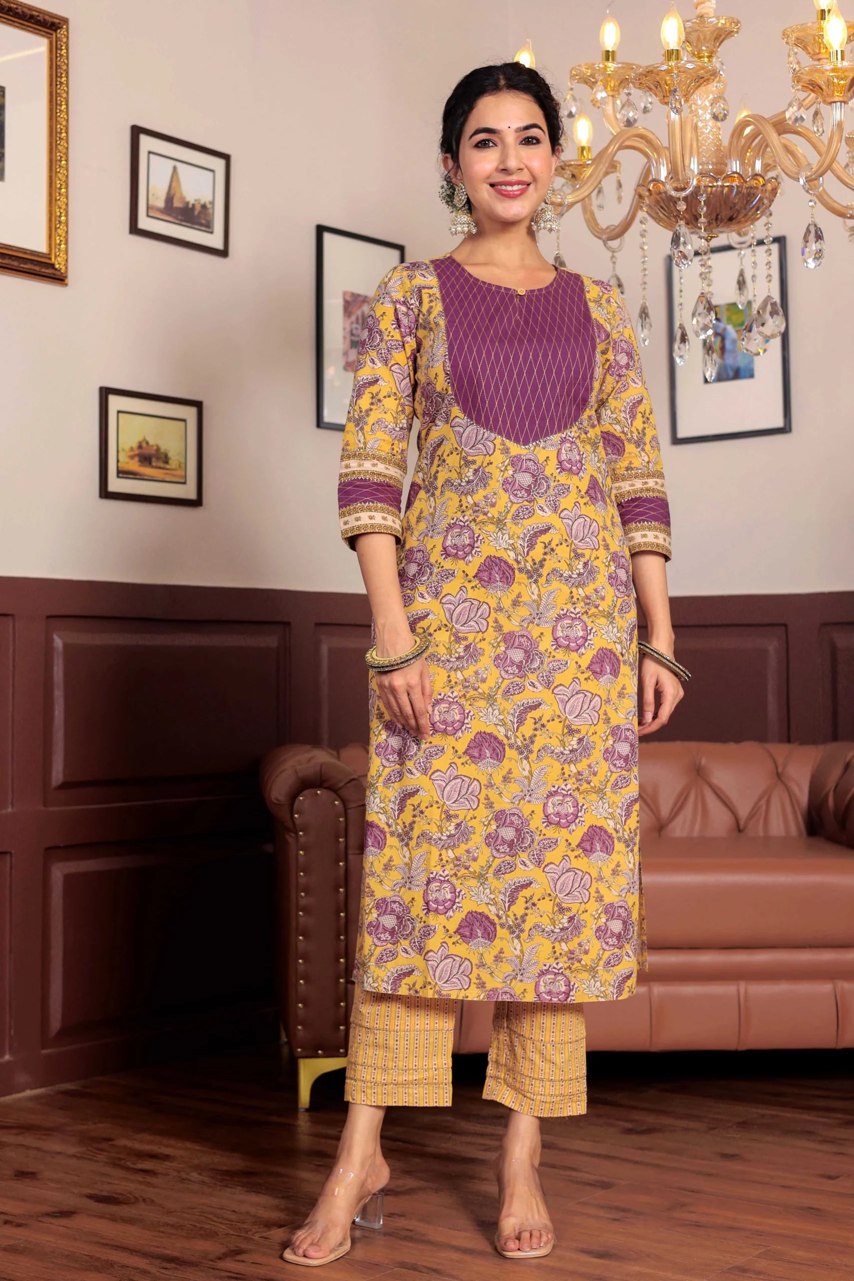 Yellow Floral Printed Gotta Thread Work Kurta with Trouser