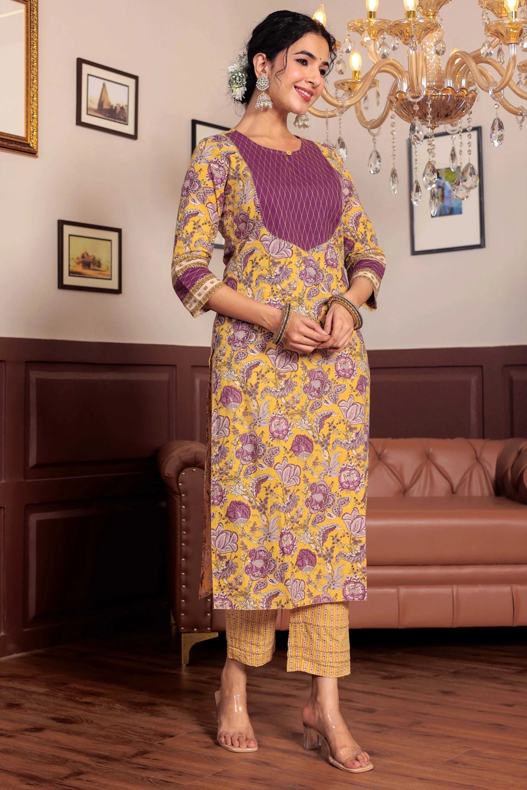 Yellow Floral Printed Gotta Thread Work Kurta with Trouser