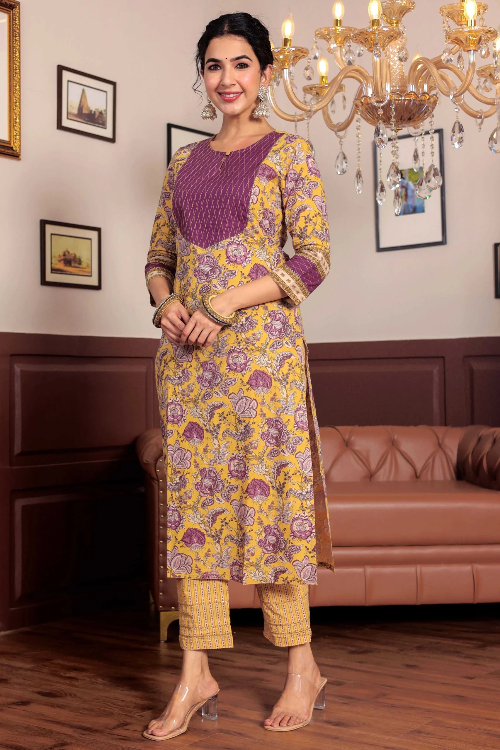 Yellow Floral Printed Gotta Thread Work Kurta with Trouser