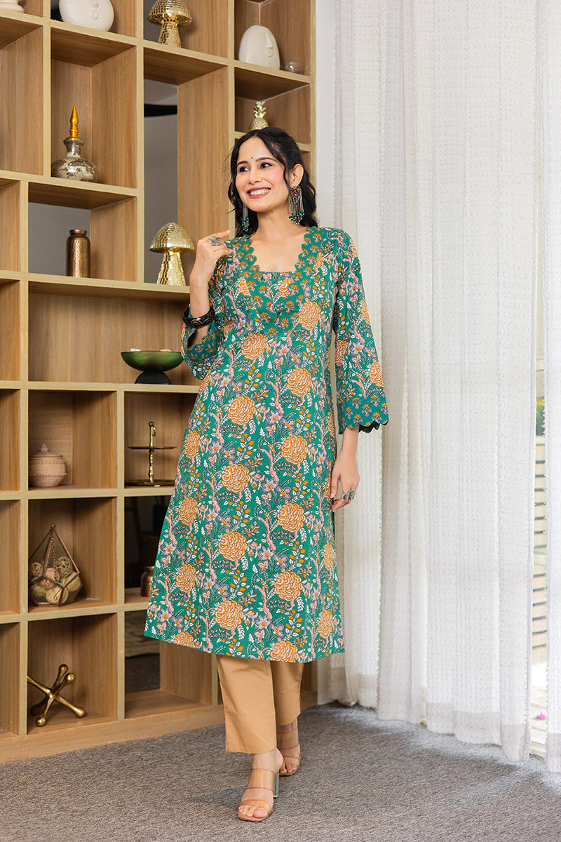 Dark Green Floral Printed Cotton Straight Kurta