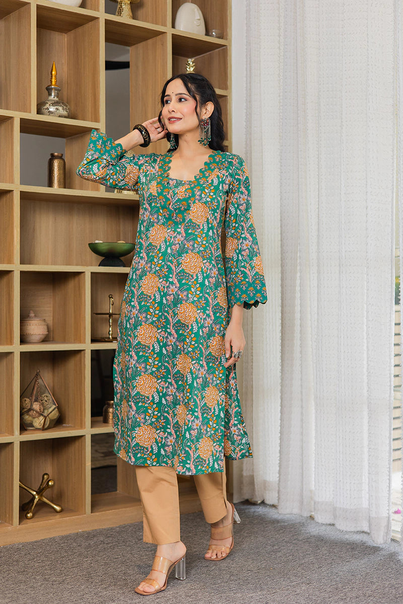 Dark Green Floral Printed Cotton Straight Kurta