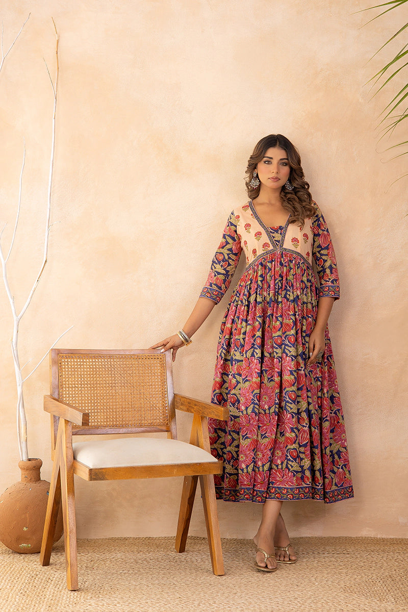 Blue Flared Hand Block Printed Anarkali Cotton Kurta