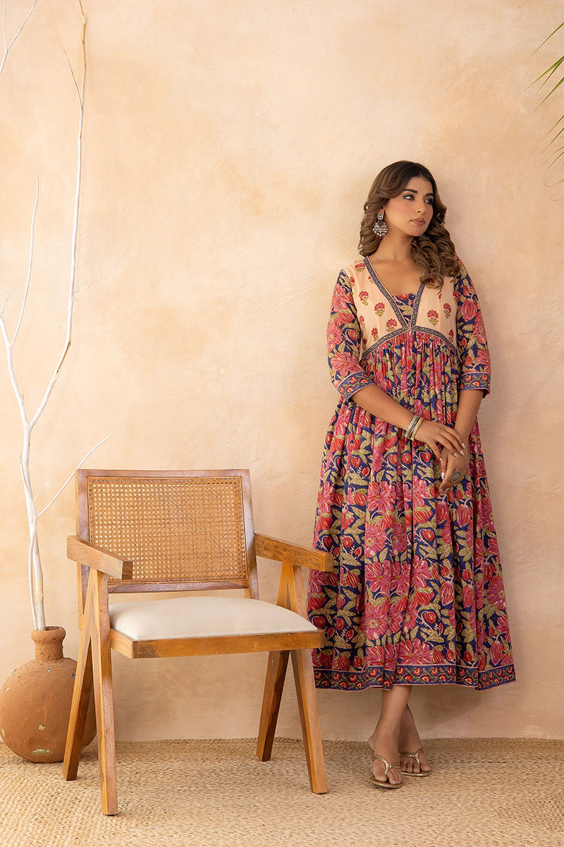 Blue Flared Hand Block Printed Anarkali Cotton Kurta