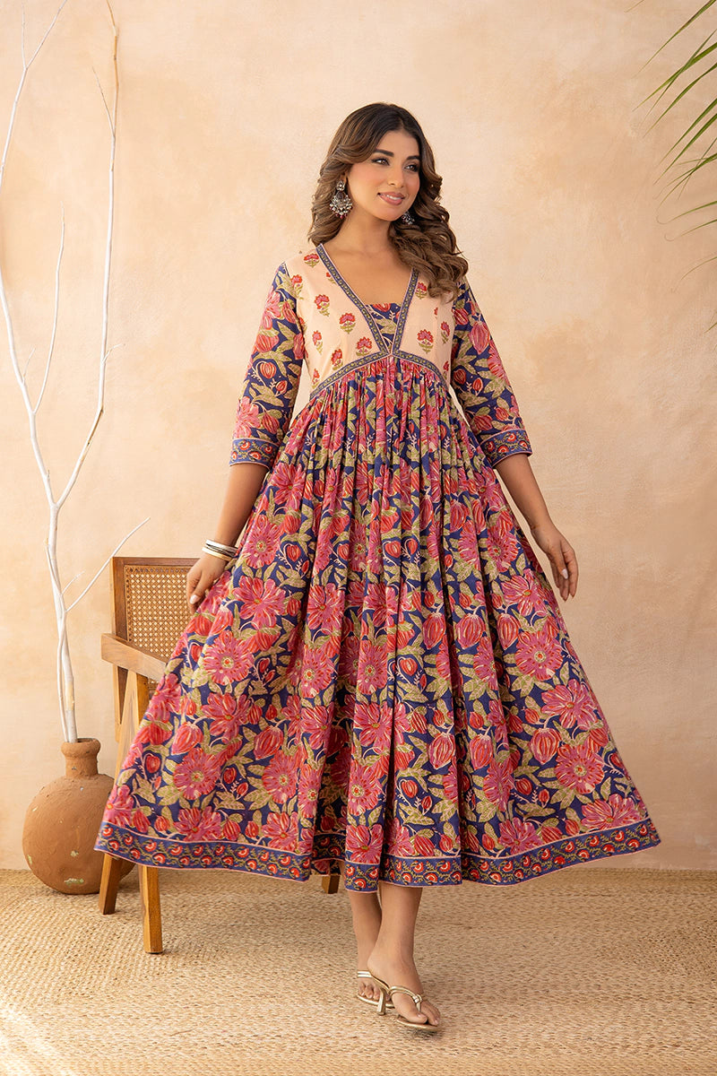 Blue Flared Hand Block Printed Anarkali Cotton Kurta